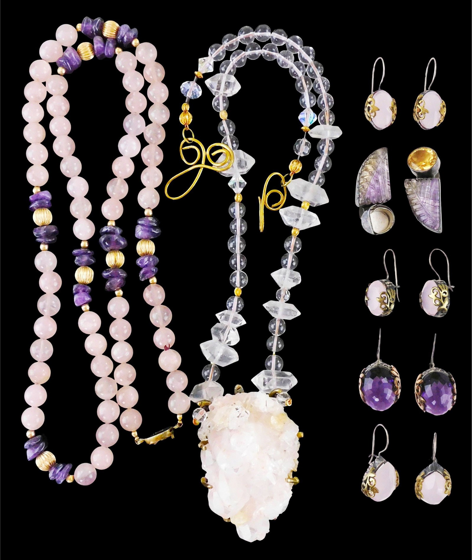 JEWELRY: Amy Kahn Russell, Yasar Bora, etc., twelve silver jewelry pieces, many with rose quartz (1 of 4)
