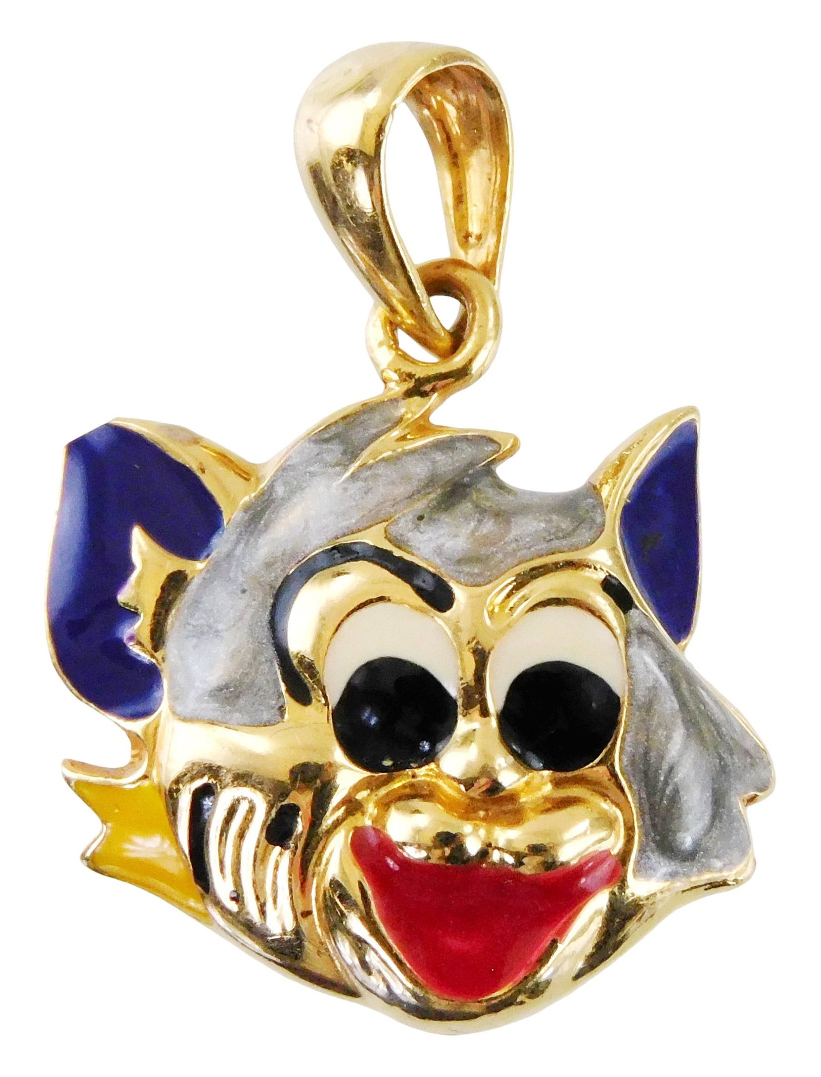 JEWELRY: 18K gold enamel painted cat head pendant, tested 18K, small cartoonish depiction of a cat: JEWELRY: 18K gold enamel painted cat head pendant, tested 18K, small cartoonish depiction of a cat head with mouth open, polychrome enamel painted features, bail at top, back with "21K" stamp and indi