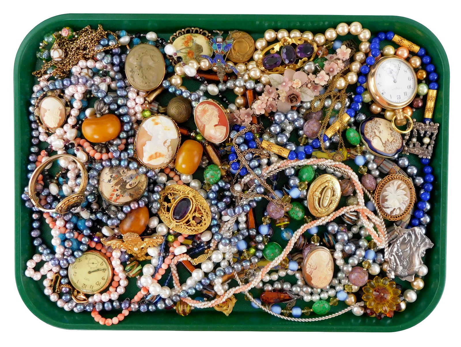 COSTUME JEWELRY: 35+ pieces of necklaces, brooches, cameos, locket, pocket-watches, etch, items of (1 of 7)