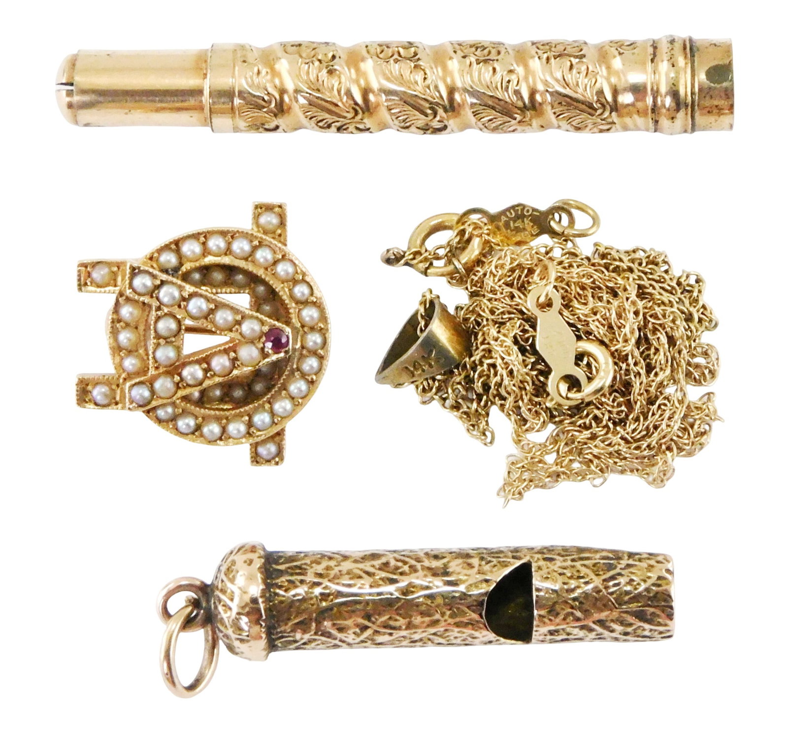 JEWELRY: 10K and 14K gold jewelry and accessories, five pieces, all tested, details include: one (1 of 3)