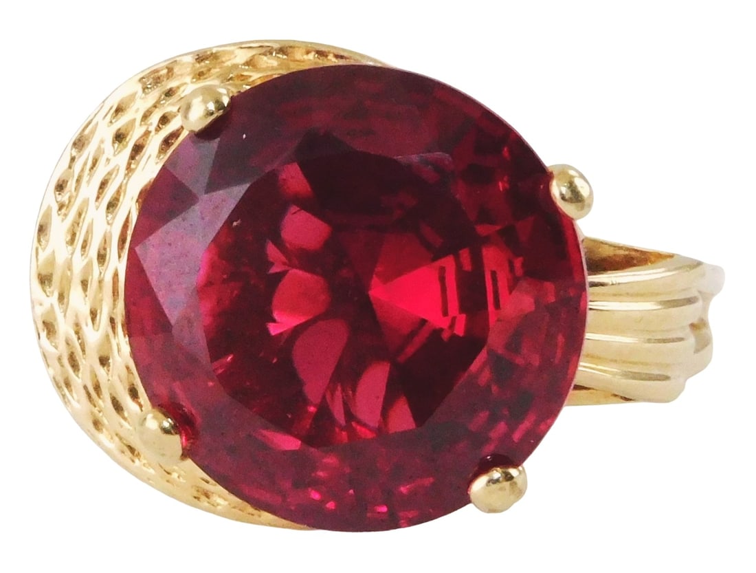 JEWELRY: 10K gold ring with large red faux stone, size 6, "hammered" plate with four prongs, pierced (1 of 4)