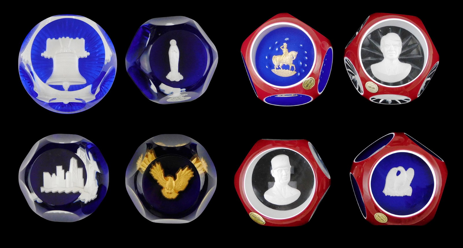 ART GLASS: Eight 20th C. French sulphide paperweights: Four Baccarat patriotic and religious themed, (1 of 10)