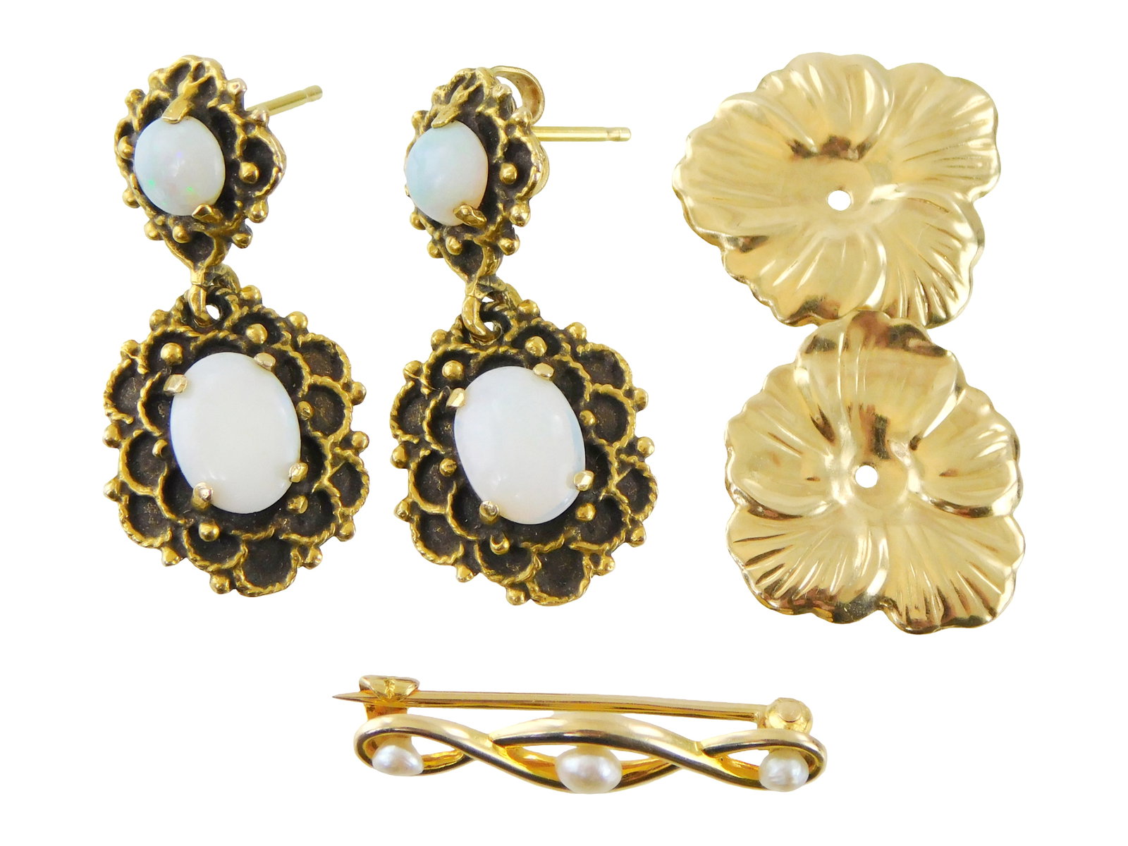 JEWELRY: 14K bar pin, opal dangle earrings and flower form spacers, five pieces total, all tested or: JEWELRY: 14K bar pin, opal dangle earrings and flower form spacers, five pieces total, all tested or stamped 14K, details include: pair of earrings with opals, two floral shape studs and dangles, each