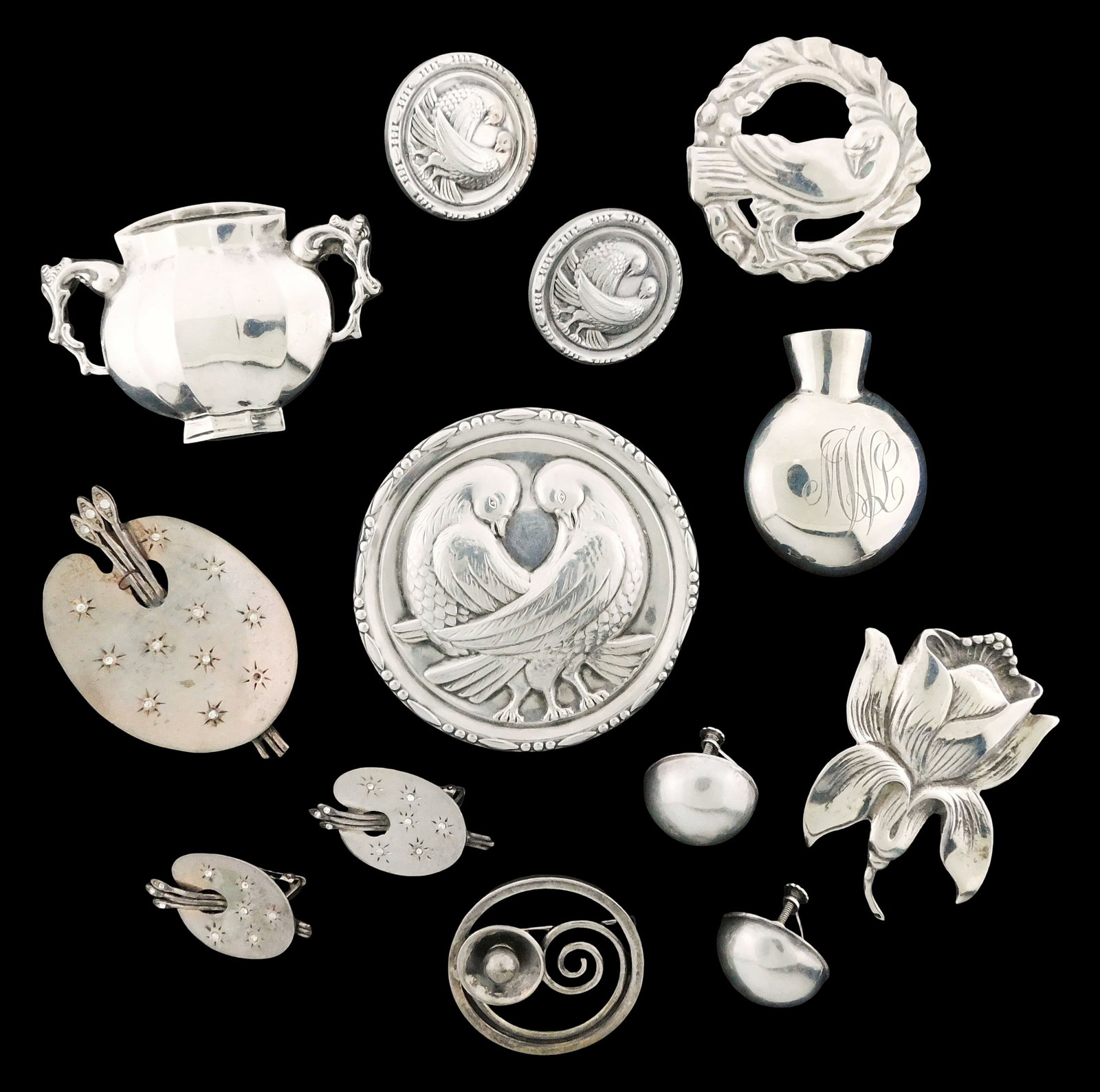 STERLING: Wayne, Tavani, Steiff, etc., thirteen Mid-Century Modern design brooches and earrings, (1 of 3)