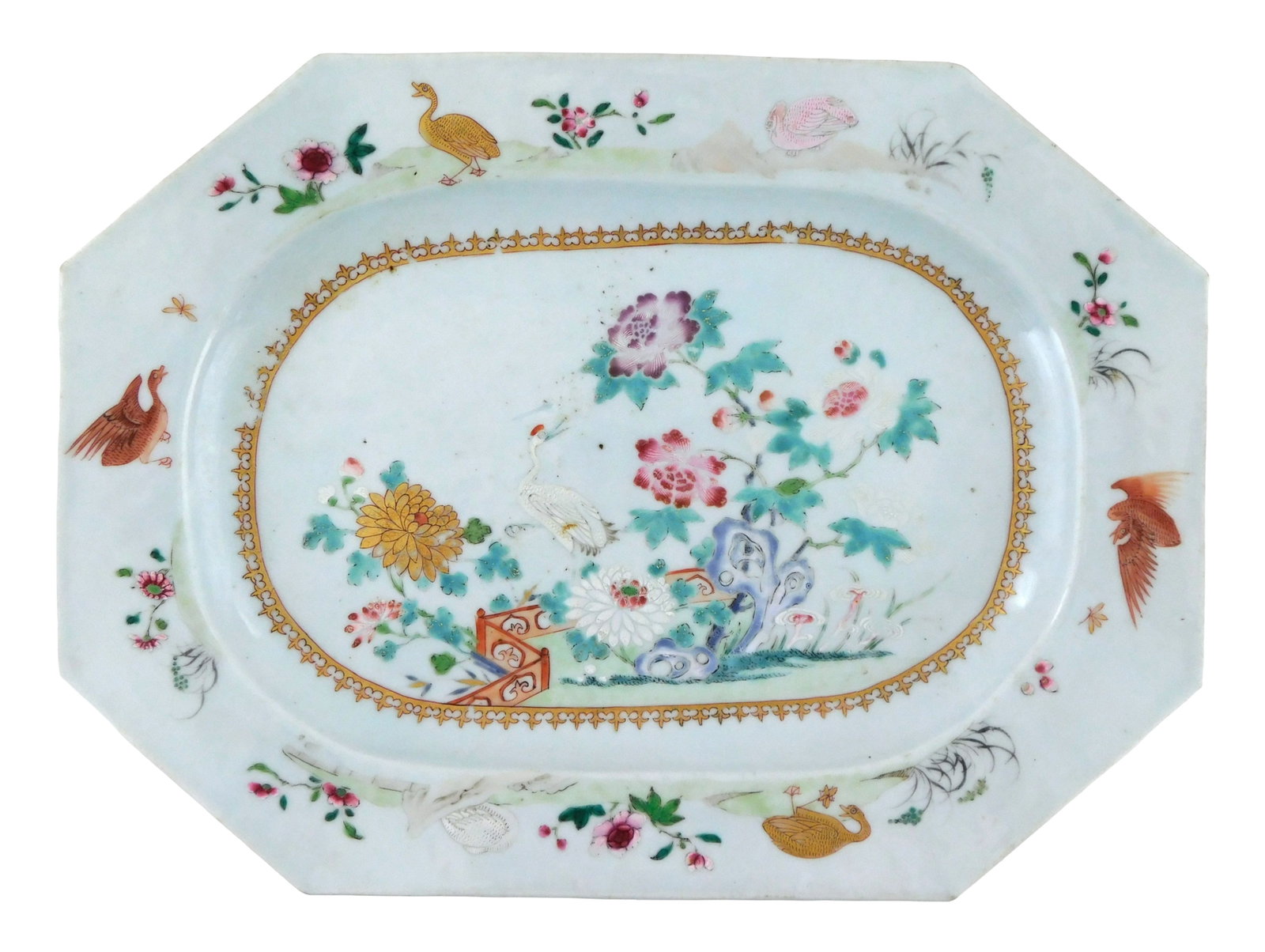 ASIAN: Chinese Export platter, 18th C., oblong with cut corners, with floral and bird decoration in: ASIAN: Chinese Export platter, 18th C., oblong with cut corners, with floral and bird decoration in famille rose palette, wear consistent with age and use including wear to enamels, etc., 15" l.