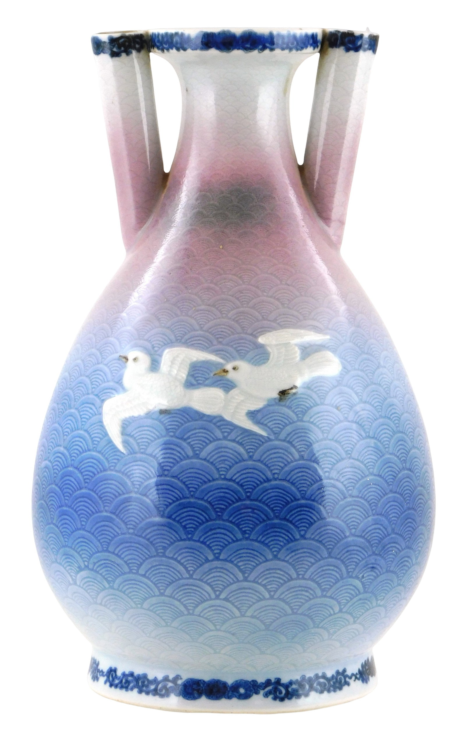ASIAN: Miura Chikusen (Japanese, 1853-1915), seagulls and waves vase, late 19th C., Japan, impressed (1 of 3)