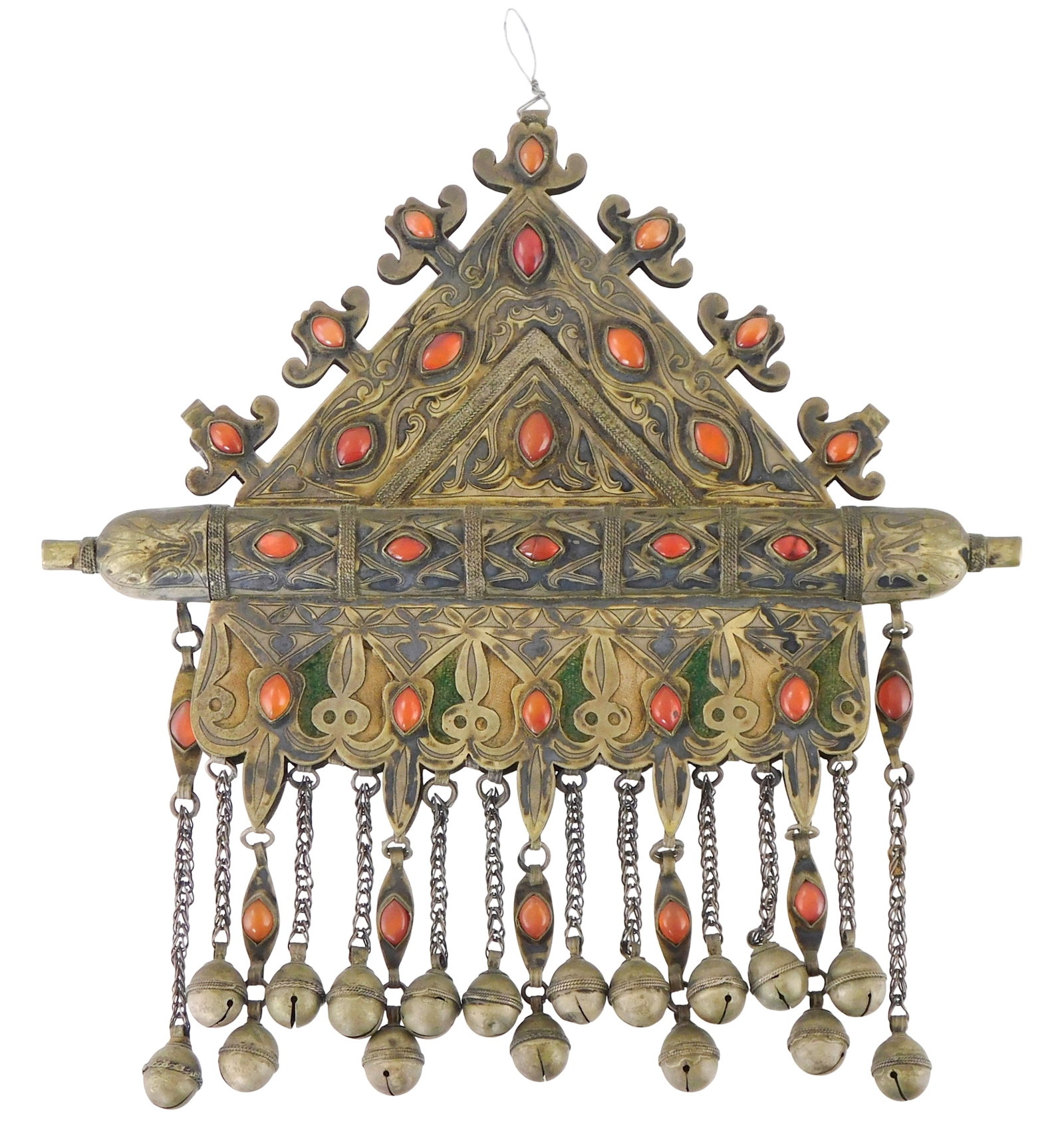 ASIAN: Turkoman Tumar (amulet holder), 19th/ 20th C., tested low-grade silver overlay on fabric: ASIAN: Turkoman Tumar (amulet holder), 19th/ 20th C., tested low-grade silver overlay on fabric base, set with what appears to be carnelian or glass cabochons, engraved decoration and row of dangling 