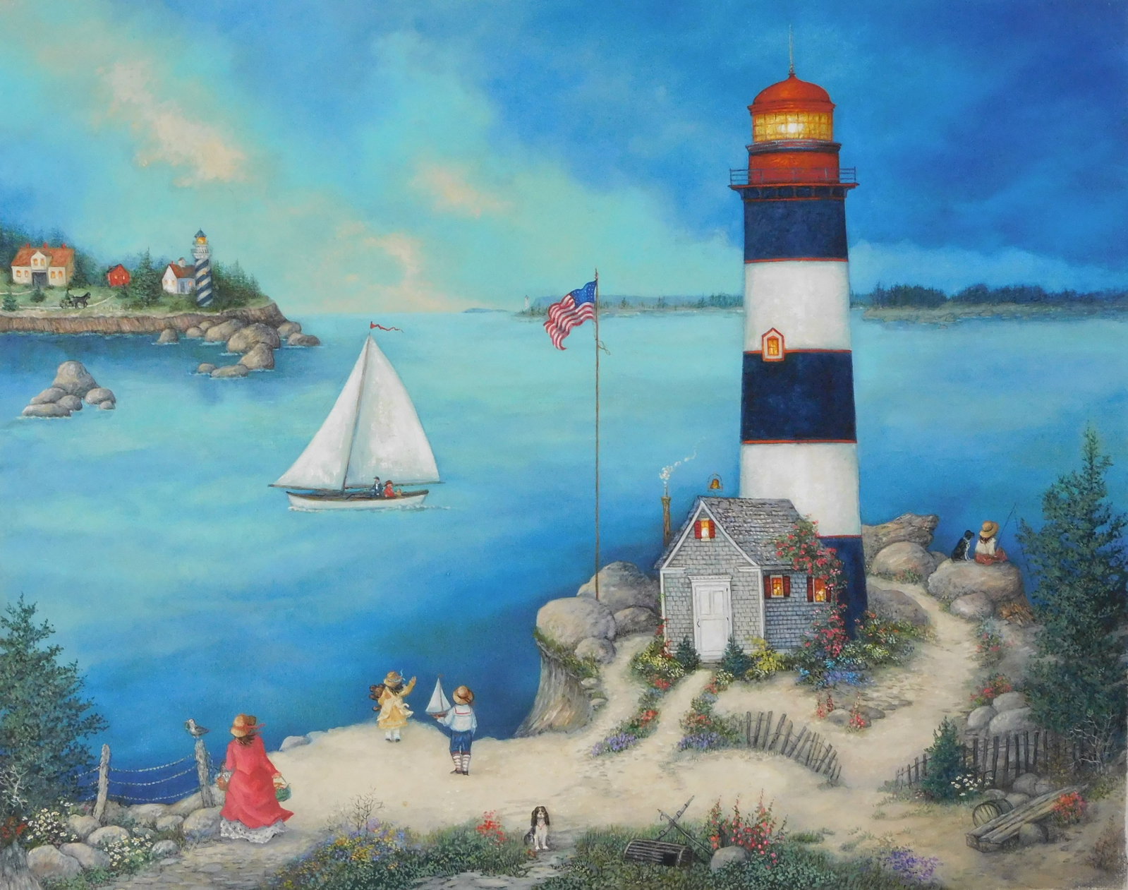 Linda Nelson Stocks (American, 1938-2011), "Lighthouse Point", 2003, oil on archival canvas, a large: Linda Nelson Stocks (American, 1938-2011), "Lighthouse Point", 2003, oil on archival canvas, a large lighthouse perched on rock outcrop, children and dogs play in front, sailboat in bay, distant land 