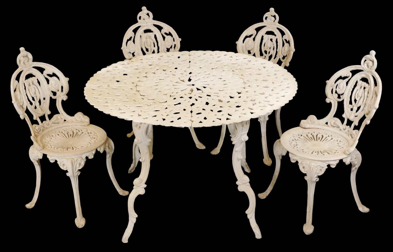 GARDEN: Atlanta Stove Works cast iron garden/patio table with four chairs, painted cream finish to (1 of 2)