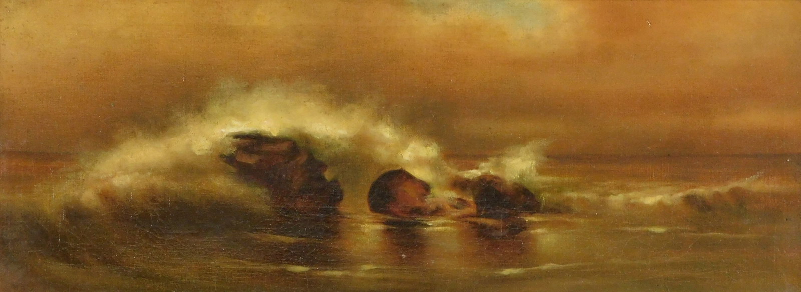 American School seascape, 19th-early 20th C., oil on canvas, moonlit waves breaking on rocks, dark (1 of 4)