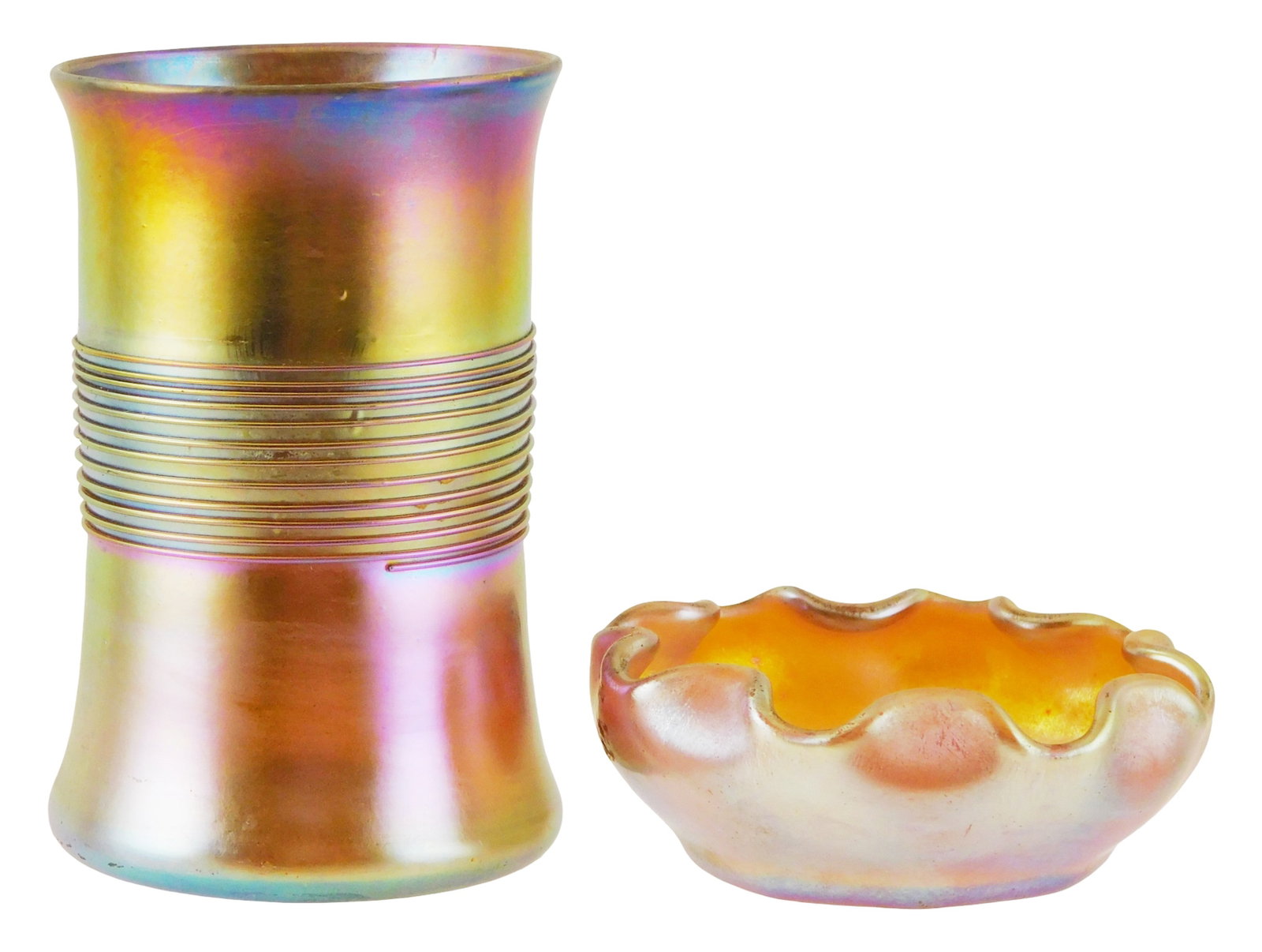 ART GLASS: L.C. Tiffany (American, 1848-1933) Favrile glass vessels, early 20th C., Tiffany Studios: ART GLASS: L.C. Tiffany (American, 1848-1933) Favrile glass vessels, early 20th C., Tiffany Studios iridescent gold ruffle rim bowl and thread decorated cylindrical small vessel, both signed "LCT" on 
