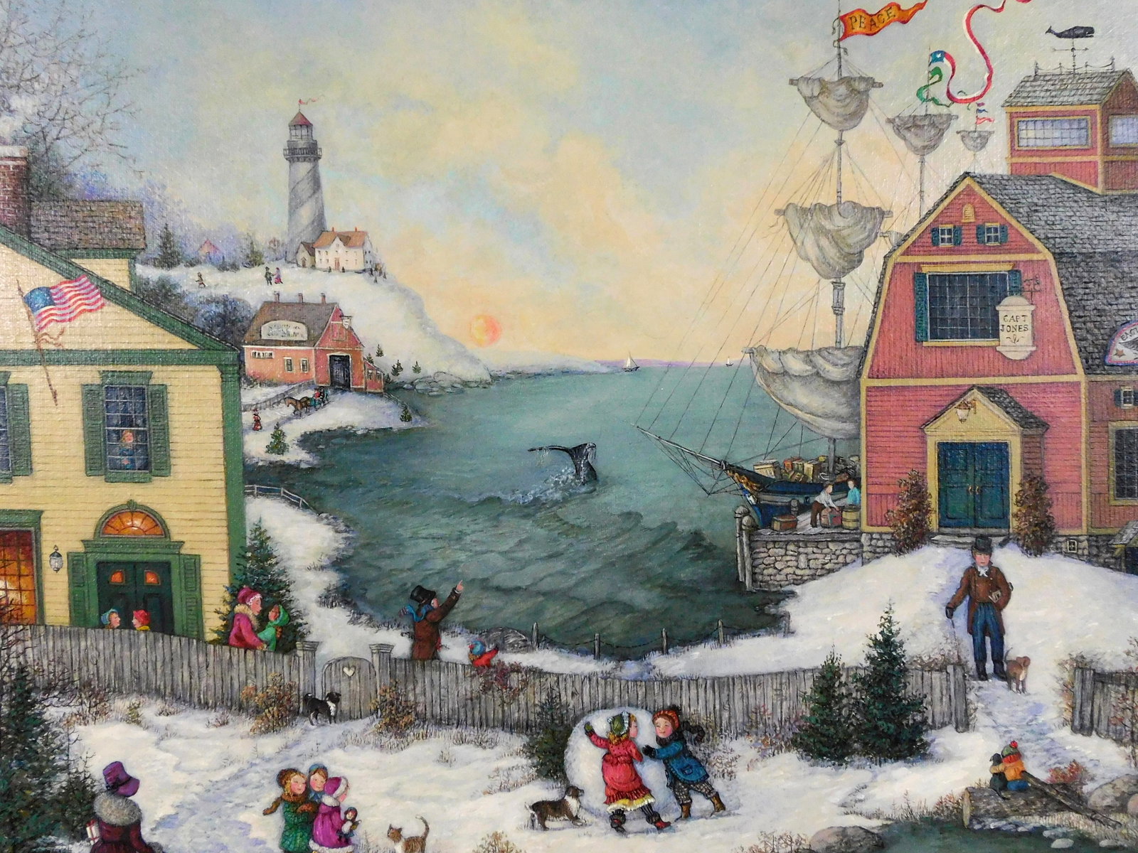 Linda Nelson Stocks (American, 1938-2011), Untitled (Whale Tail), 2004, oil on archival canvas,: Linda Nelson Stocks (American, 1938-2011), Untitled (Whale Tail), 2004, oil on archival canvas, depicts a winter day in an idyllic New England seaside village, bay with whale tail breaching water's su