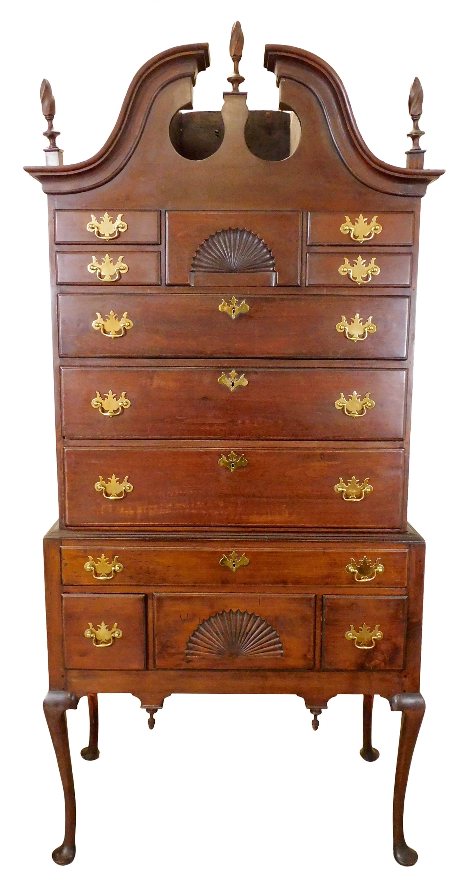 Bonnet top highboy, American, late 18th C., maple, carved and molded top with three finials, upper (1 of 4)