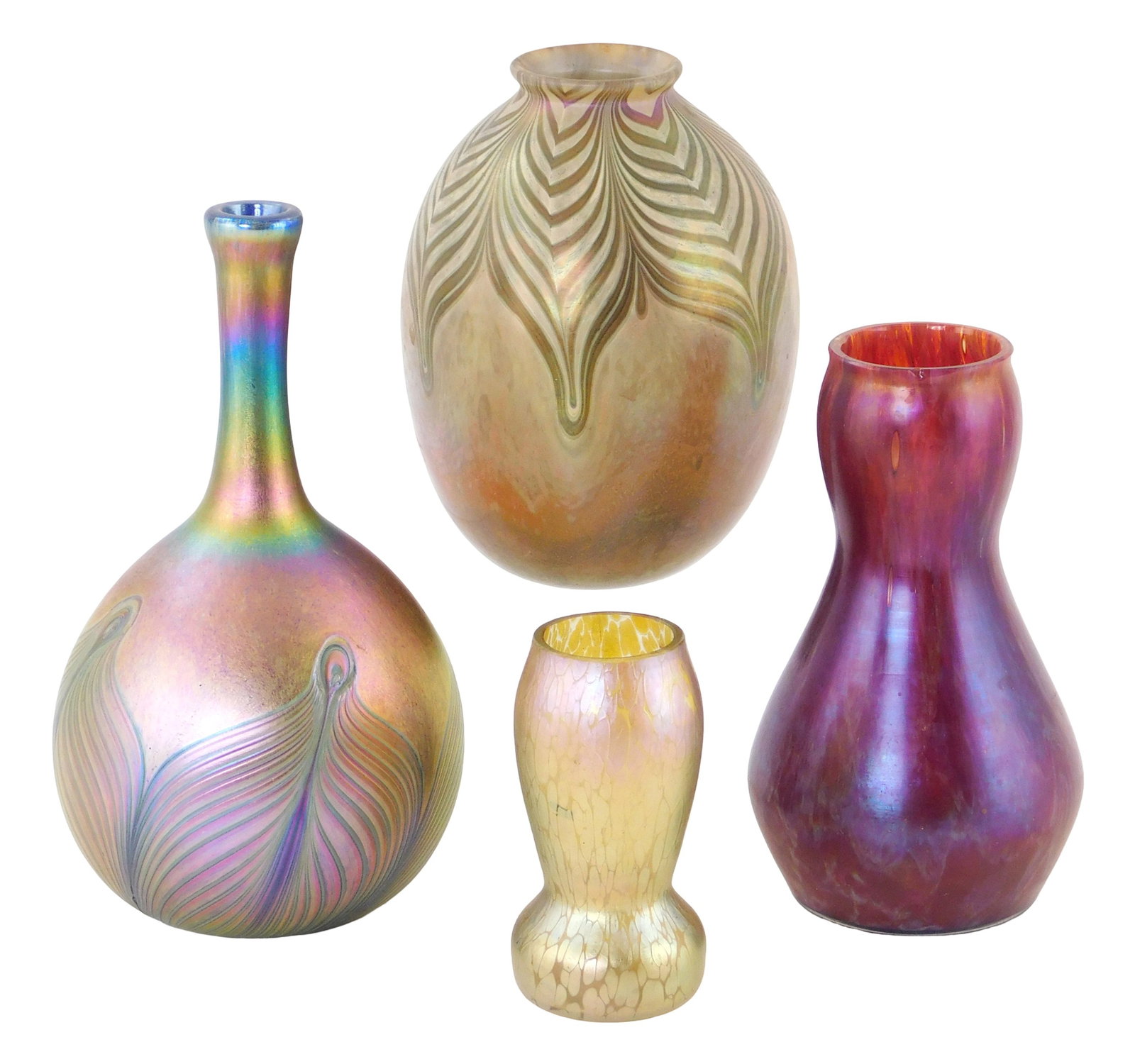 ART GLASS: Four art glass vase including one Loetz 'Candia Papillon' style, all iridescent, details (1 of 3)