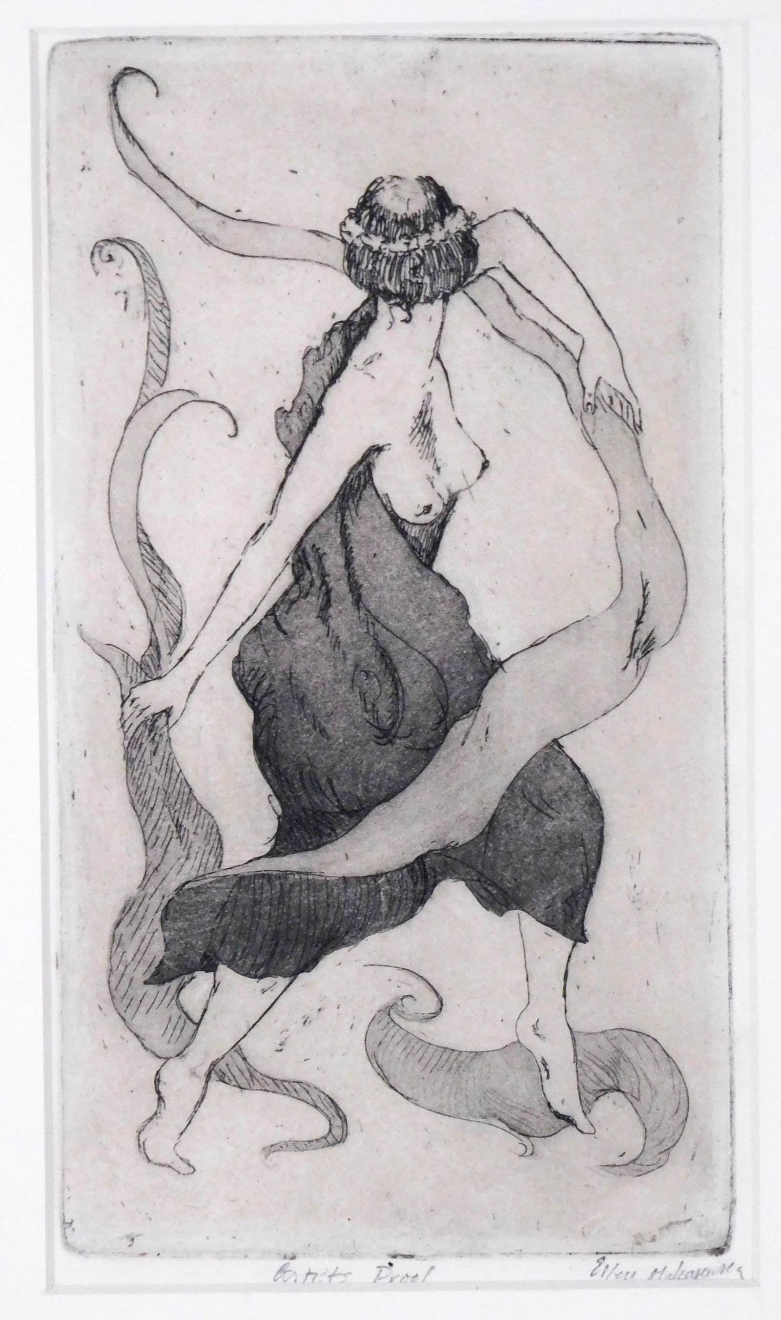 Early 20th C. illustration of female dancer, c. 1910, etching, signed "Ellen Maleaux" or similar,: Early 20th C. illustration of female dancer, c. 1910, etching, signed "Ellen Maleaux" or similar, signed and inscribed "Artist's Proof" in pencil in lower margin, oblong composition of partially robed