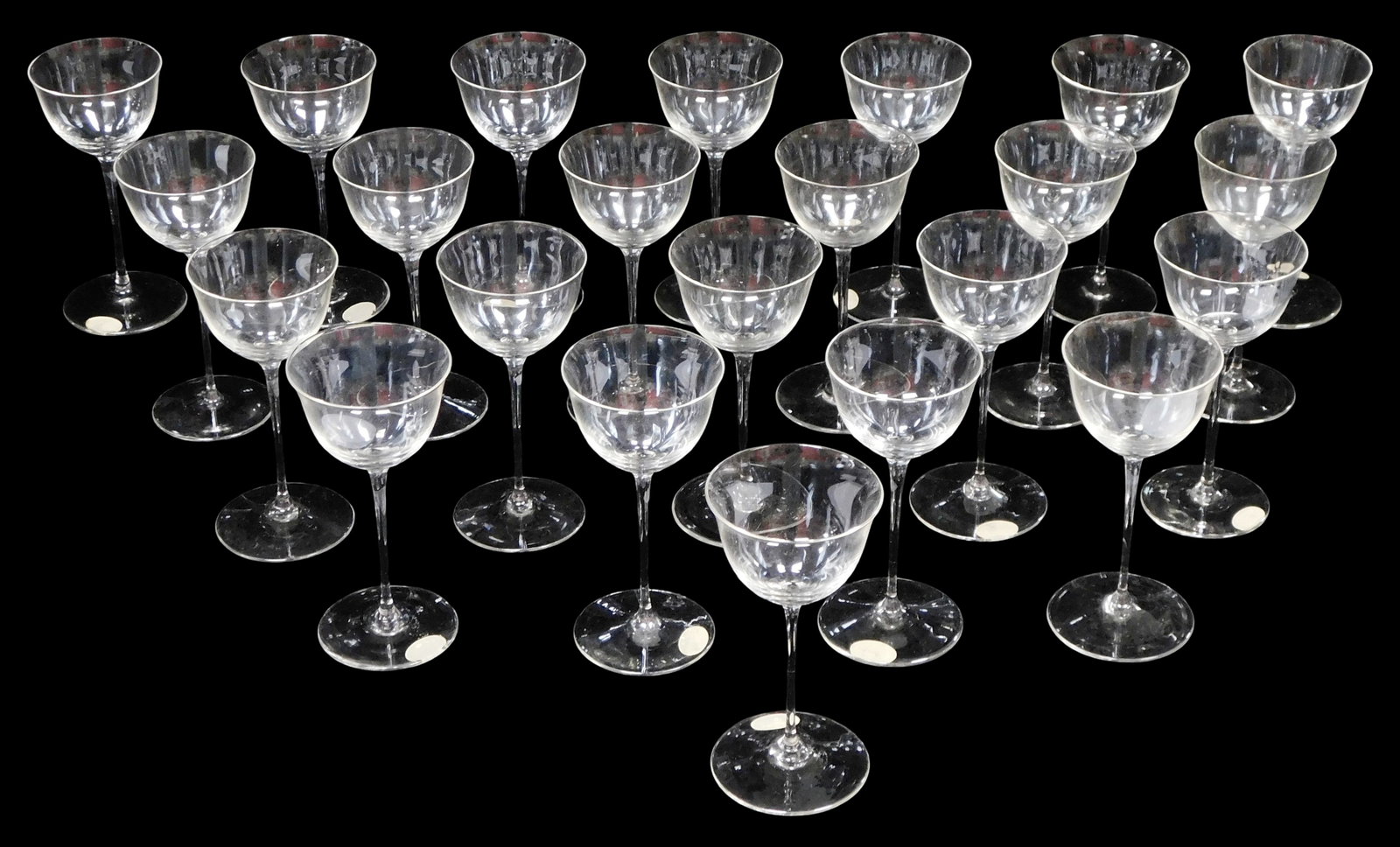 GLASS: Twenty-three Josef Hoffmann (Austrian, 1870 - 1952), Lobmeyr "Patrician" pattern cordial: GLASS: Twenty-three Josef Hoffmann (Austrian, 1870 - 1952), Lobmeyr "Patrician" pattern cordial glasses, many with applied maker's label to foot, featuring flared bowl and smooth stem, wear consistent