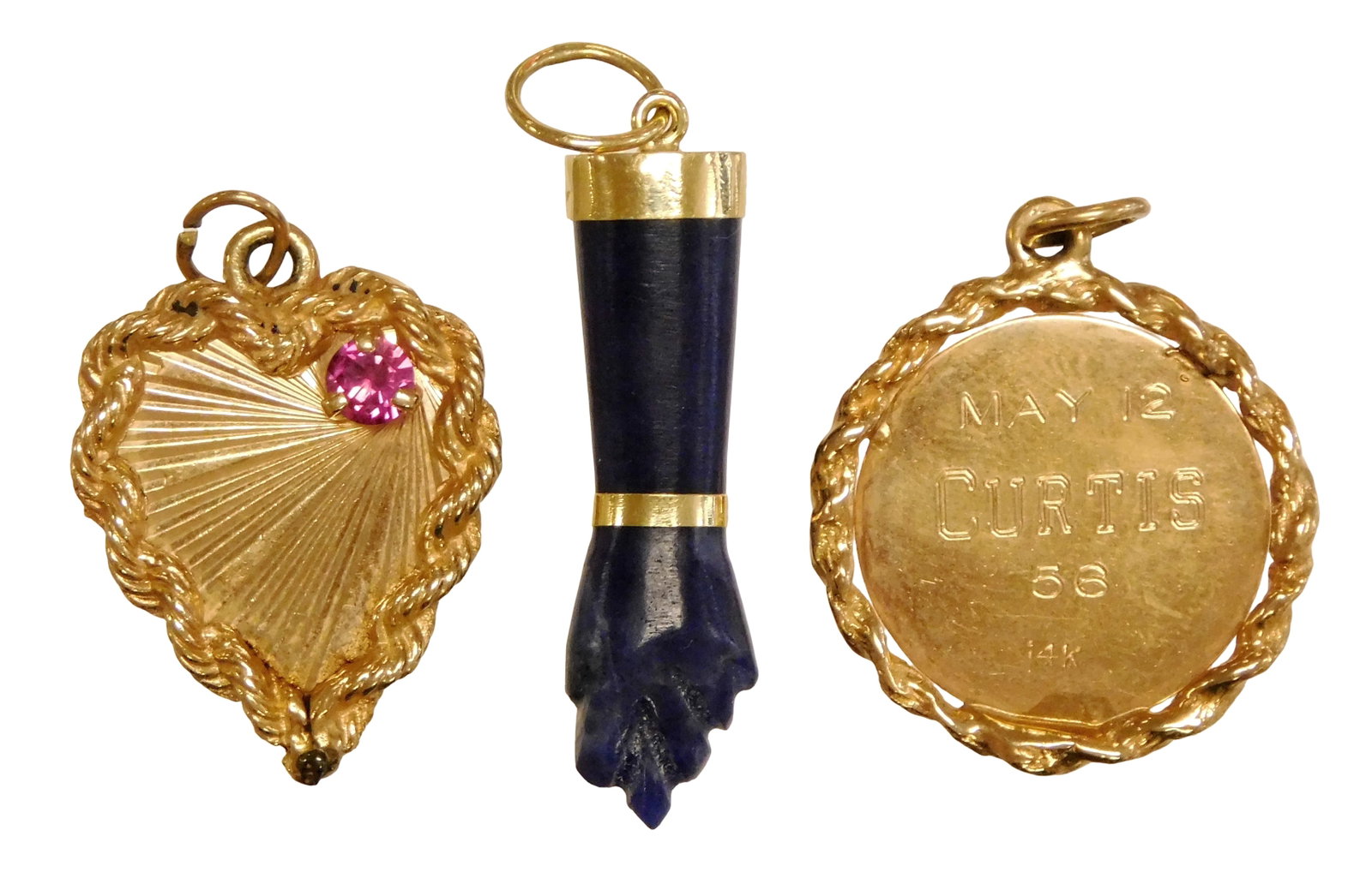 JEWELRY: 18K and 14K gold pendants, three pieces, details include: round disc pendant stamped "14K" (1 of 2)