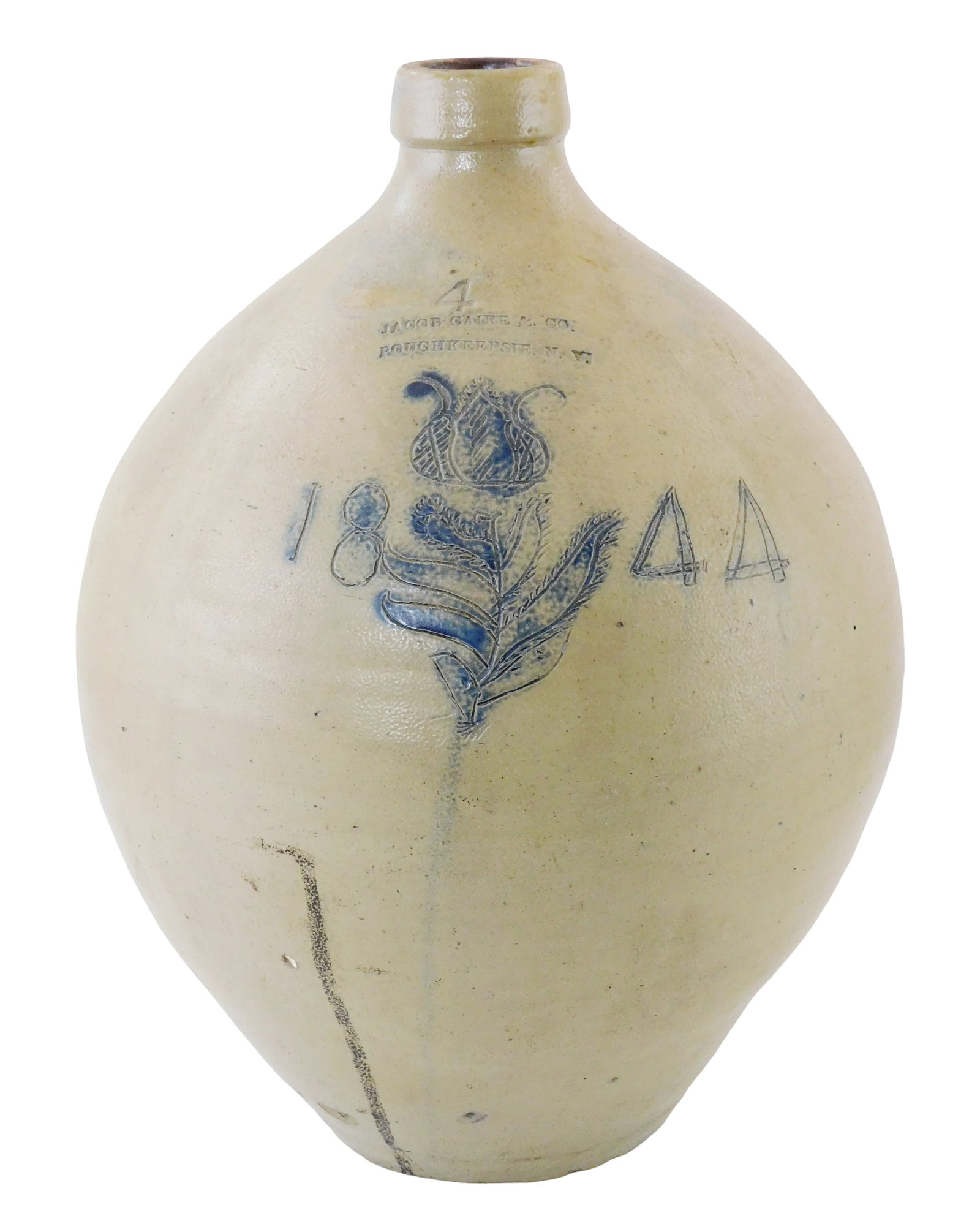 Jacob Caire & Co. early ovoid stoneware jug, c. 1844, Poughkeepsie NY, salt glaze cobalt blue (1 of 5)