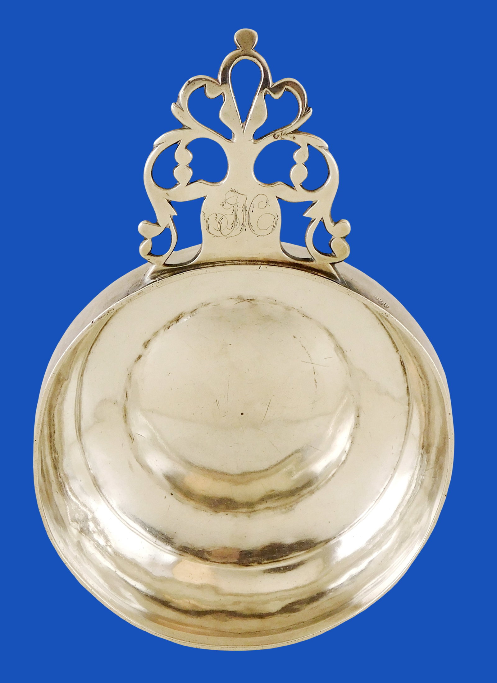 SILVER: 18th C. American silver porringer by Jacob Hurd (Boston, 1703-1758), pierced scroll motif (1 of 8)