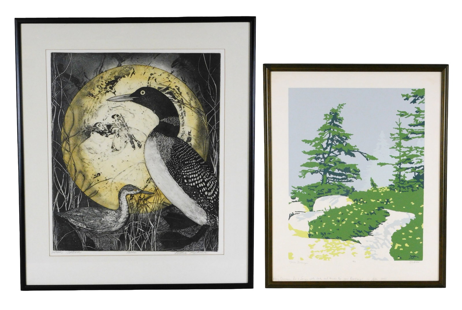 Two outdoor themed prints, last quarter 20th C., both framed behind glass, details include: Bethia: Two outdoor themed prints, last quarter 20th C., both framed behind glass, details include: Bethia Brehmer (American, b. 1942), "Loon Moon", 73/150, c. 1970's, etching with color, two loons in front o