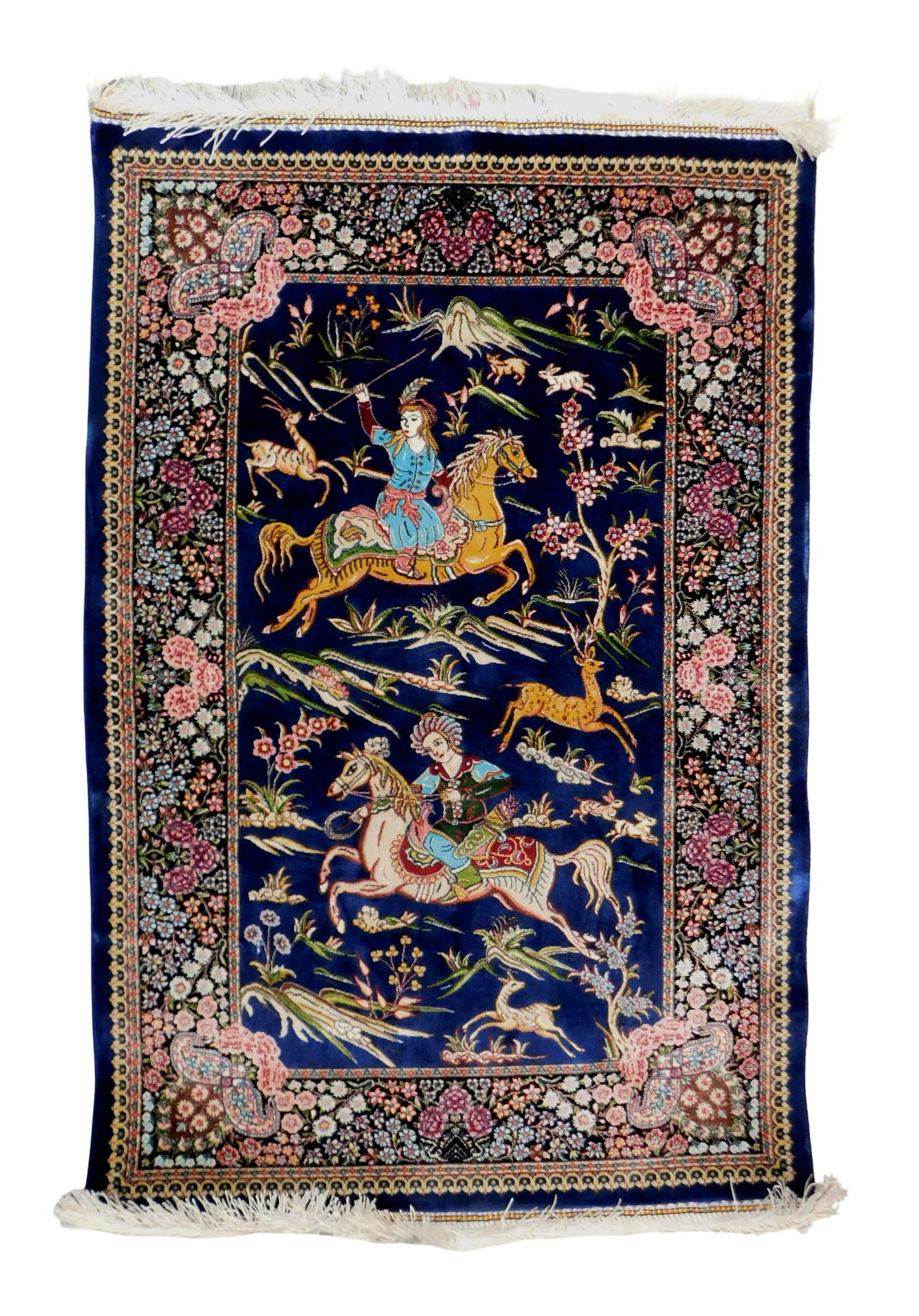 RUG: Silk Qum, 2' x 3', silk on silk, royal blue ground, black border, pink and baby blue accents, (1 of 4)