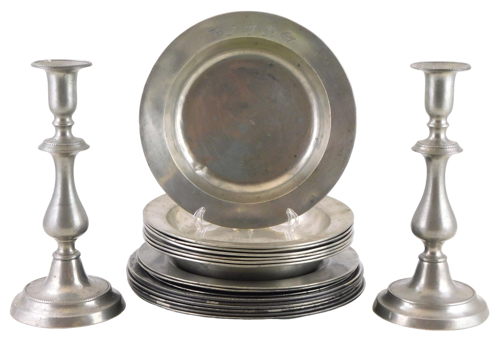 PEWTER: Thomas Swanson, etc., seventeen pieces of early pewter, all appear 18th/19th C. or earlier (1 of 2)