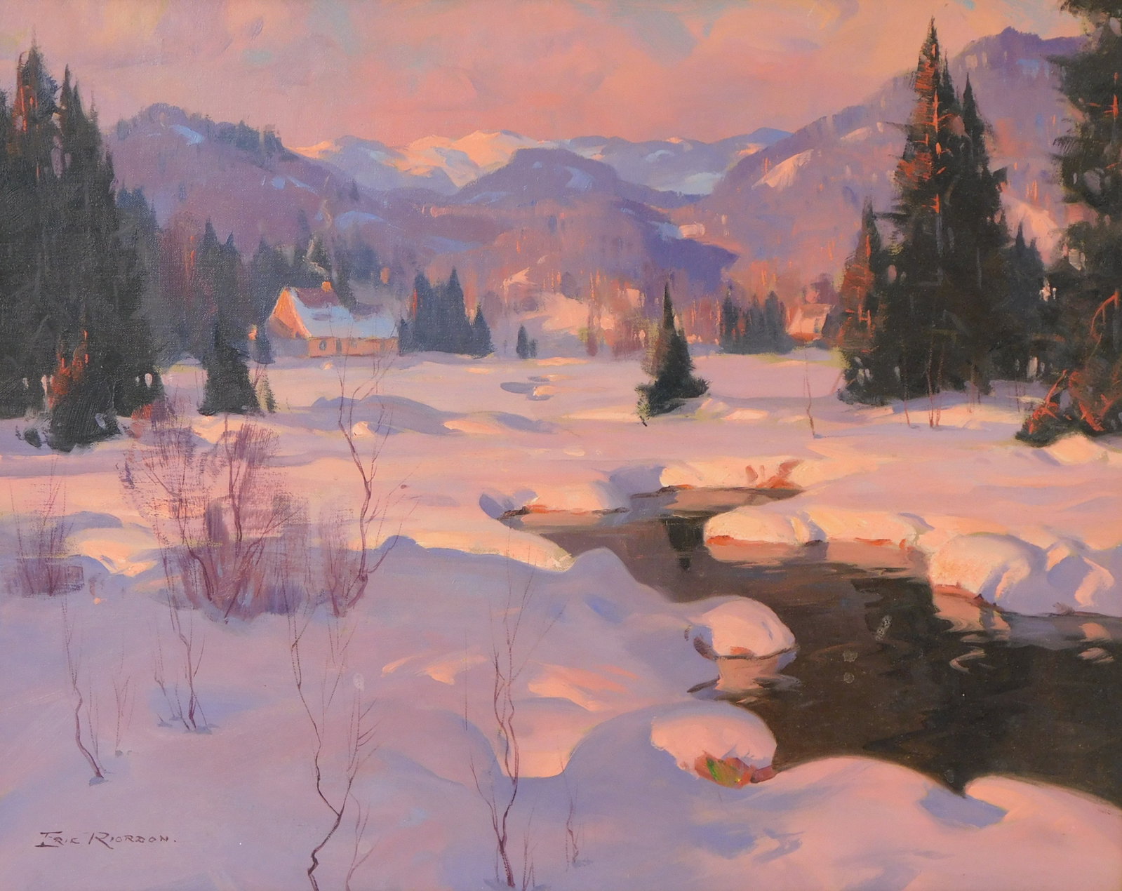 Eric Riordon (Canada, 1906-1948), "Last Rays, Ste. Adele", oil on panel, warm sunset light falls on (1 of 7)