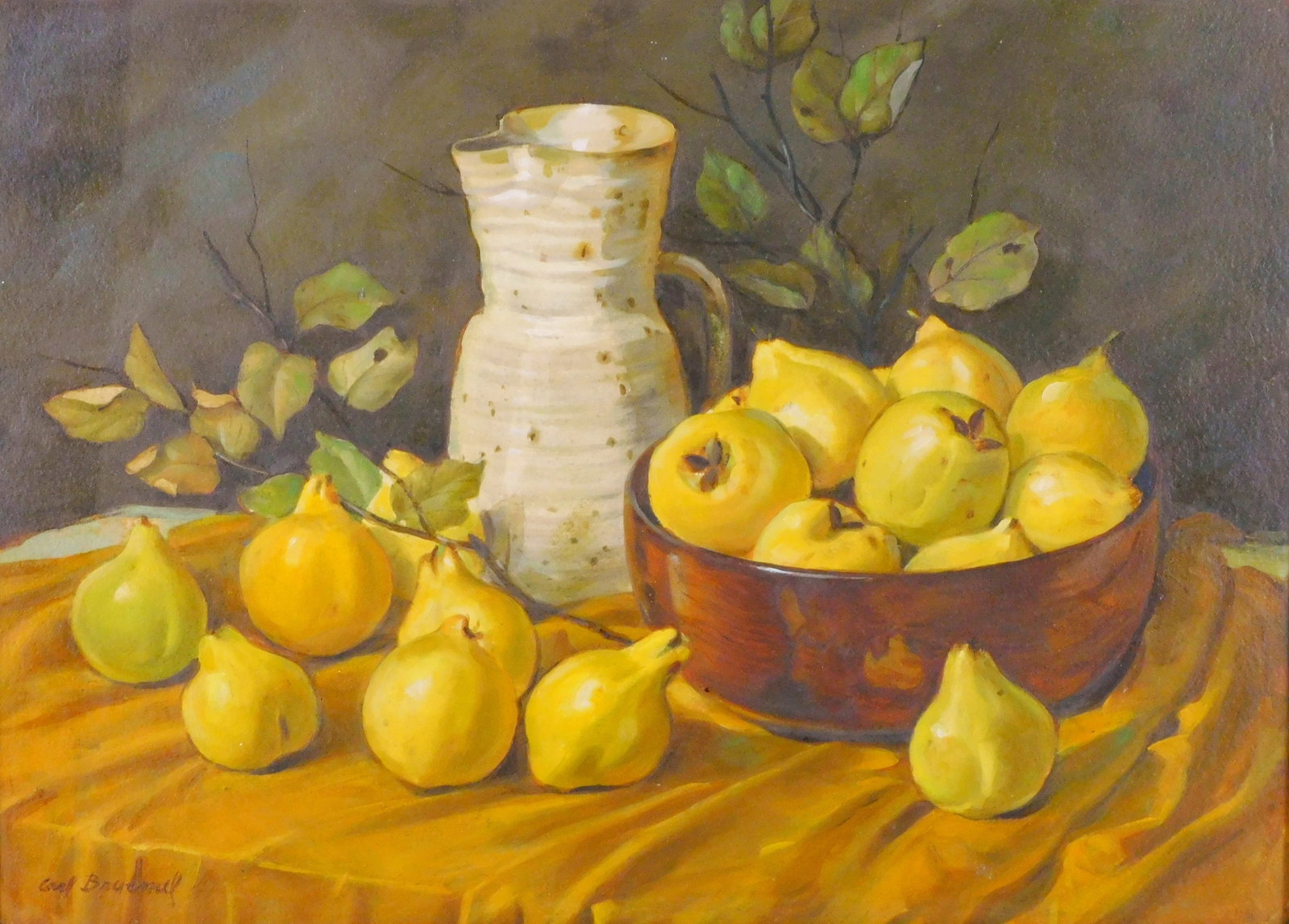 Carl Broemel (American, 1891-1984), "Quinces" fruit still life, 20th C., oil on board, table draped: Carl Broemel (American, 1891-1984), "Quinces" fruit still life, 20th C., oil on board, table draped in golden yellow tablecloth, wood bowl overflowing with yellow quince fruits, white stoneware pitche