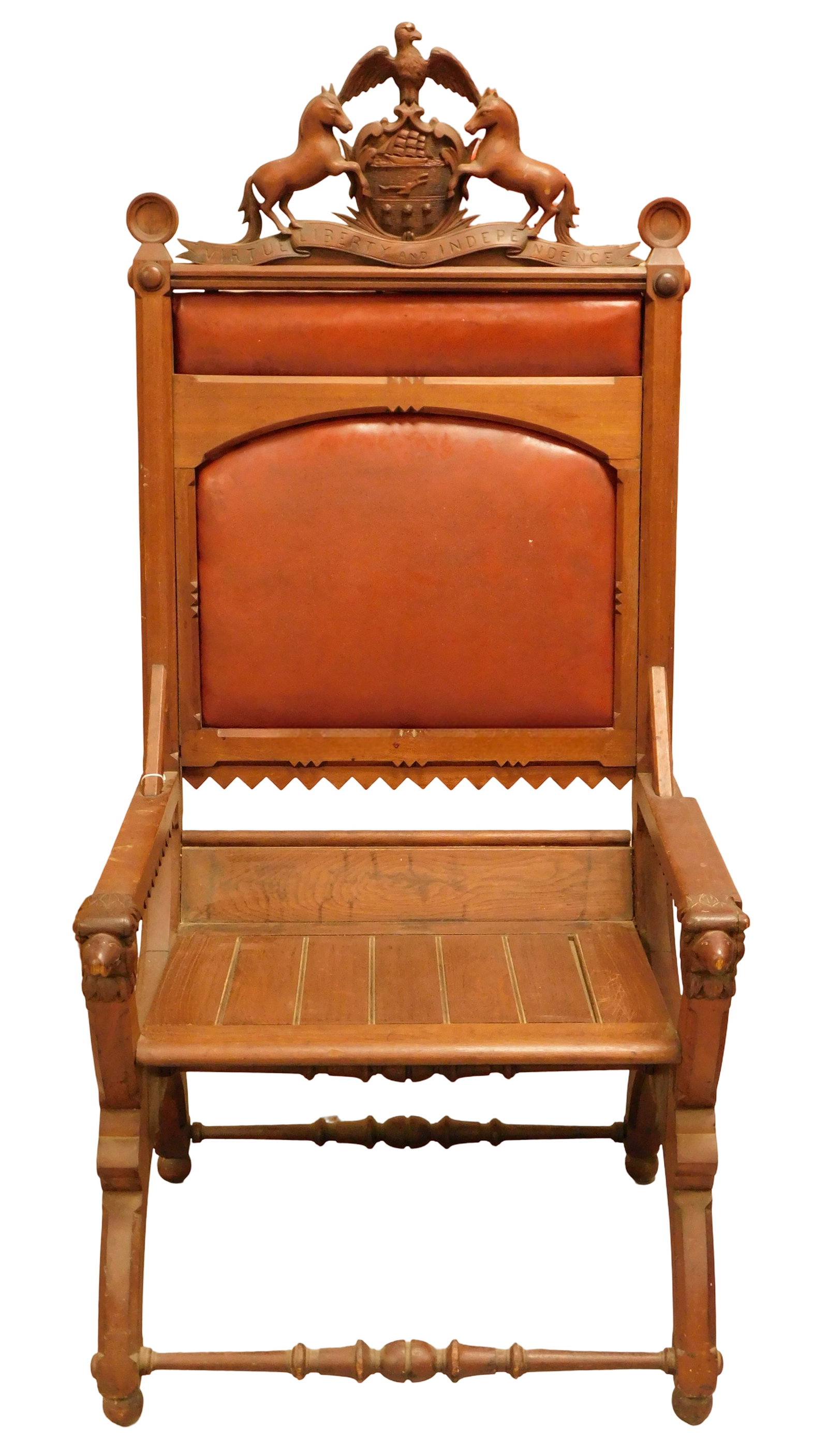 1876 Centennial Exposition "Pennsylvania Pavillion" armchair, American, one of six made for the: 1876 Centennial Exposition "Pennsylvania Pavillion" armchair, American, one of six made for the Centennial Expo in Philadelphia, walnut crest with carved eagle, horse and shield, ribbon with "Virtue L
