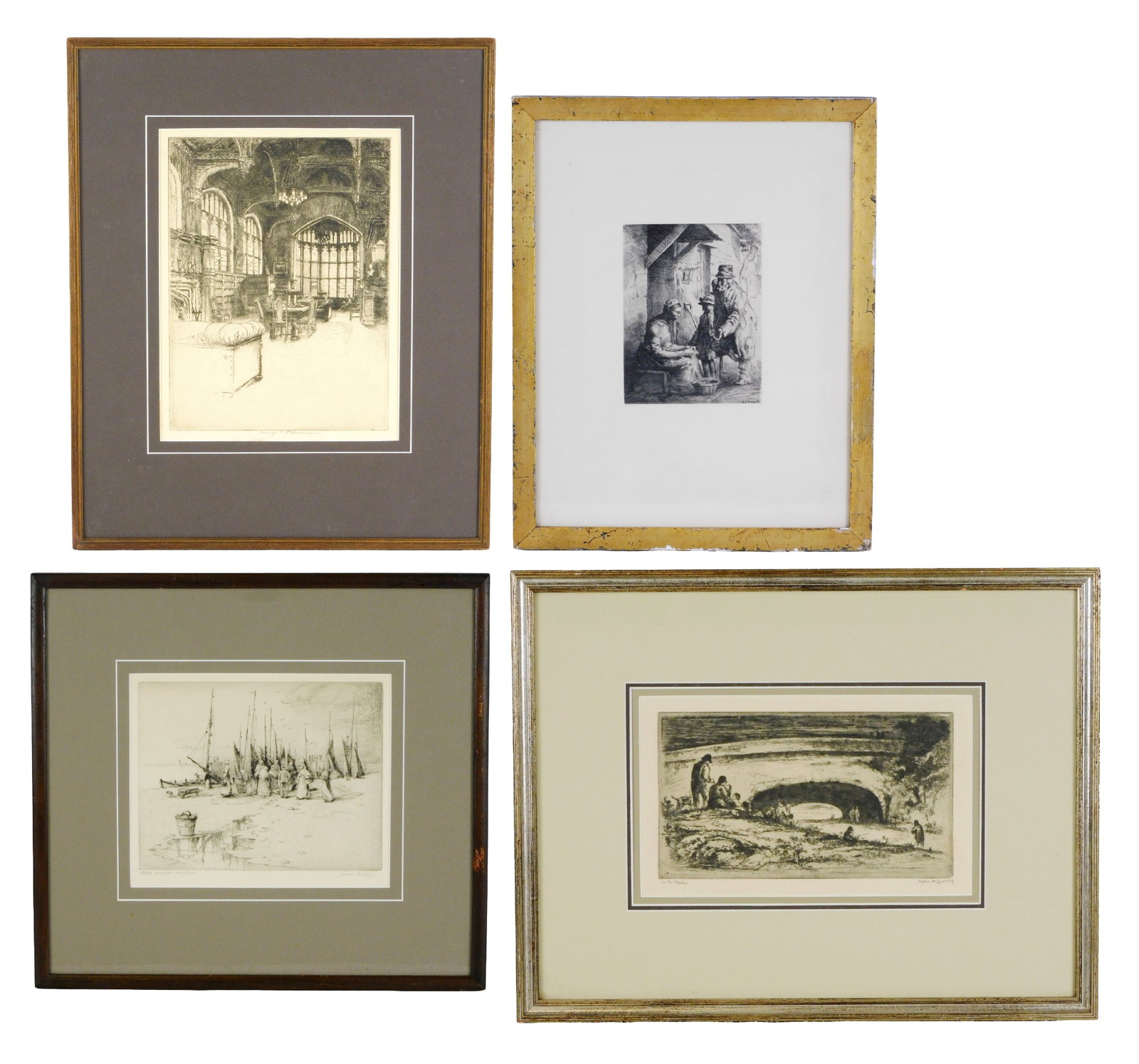 Four late 19th-early 20th C. etchings on paper, all framed behind glass, details include: first by (1 of 11)