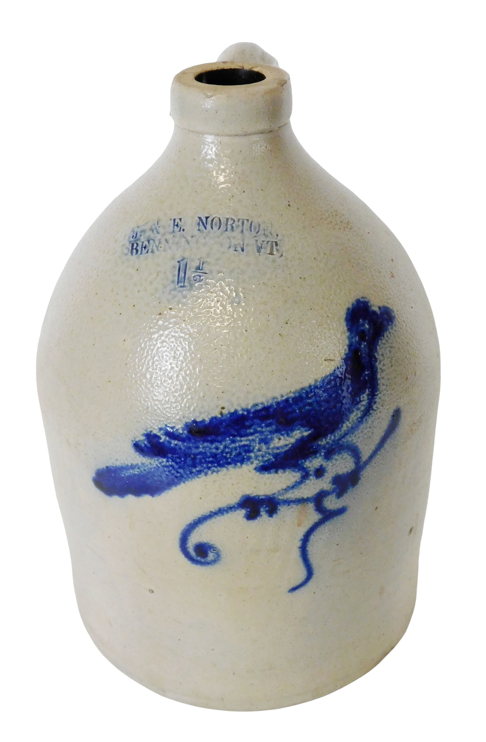 Bennington Vermont salt glazed stoneware jug, c. 1850's, J & E Norton, one and one-half gallon jug (1 of 3)