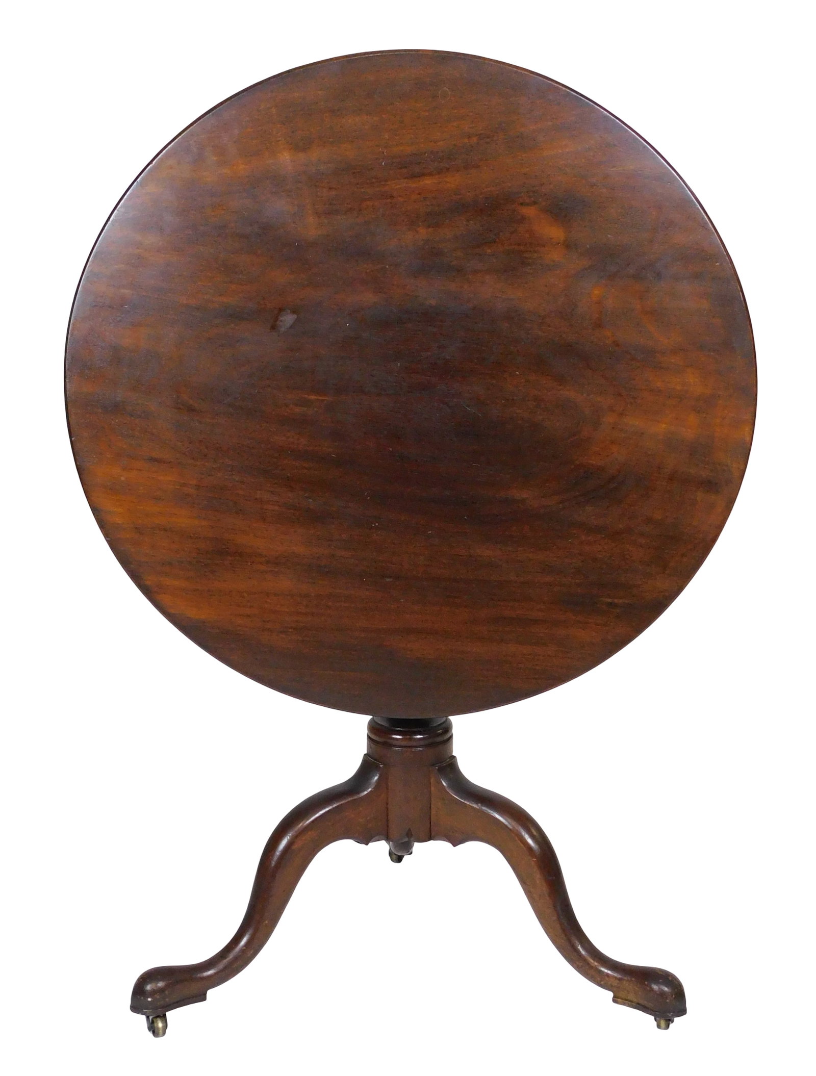 Tea table, American or English, late 18th C, walnut with tilting top on spiral carved urn tapered: Tea table, American or English, late 18th C, walnut with tilting top on spiral carved urn tapered standard, three snake form tapered legs with pad feet on casters, 29" x 32 ½" dia., wear and fini