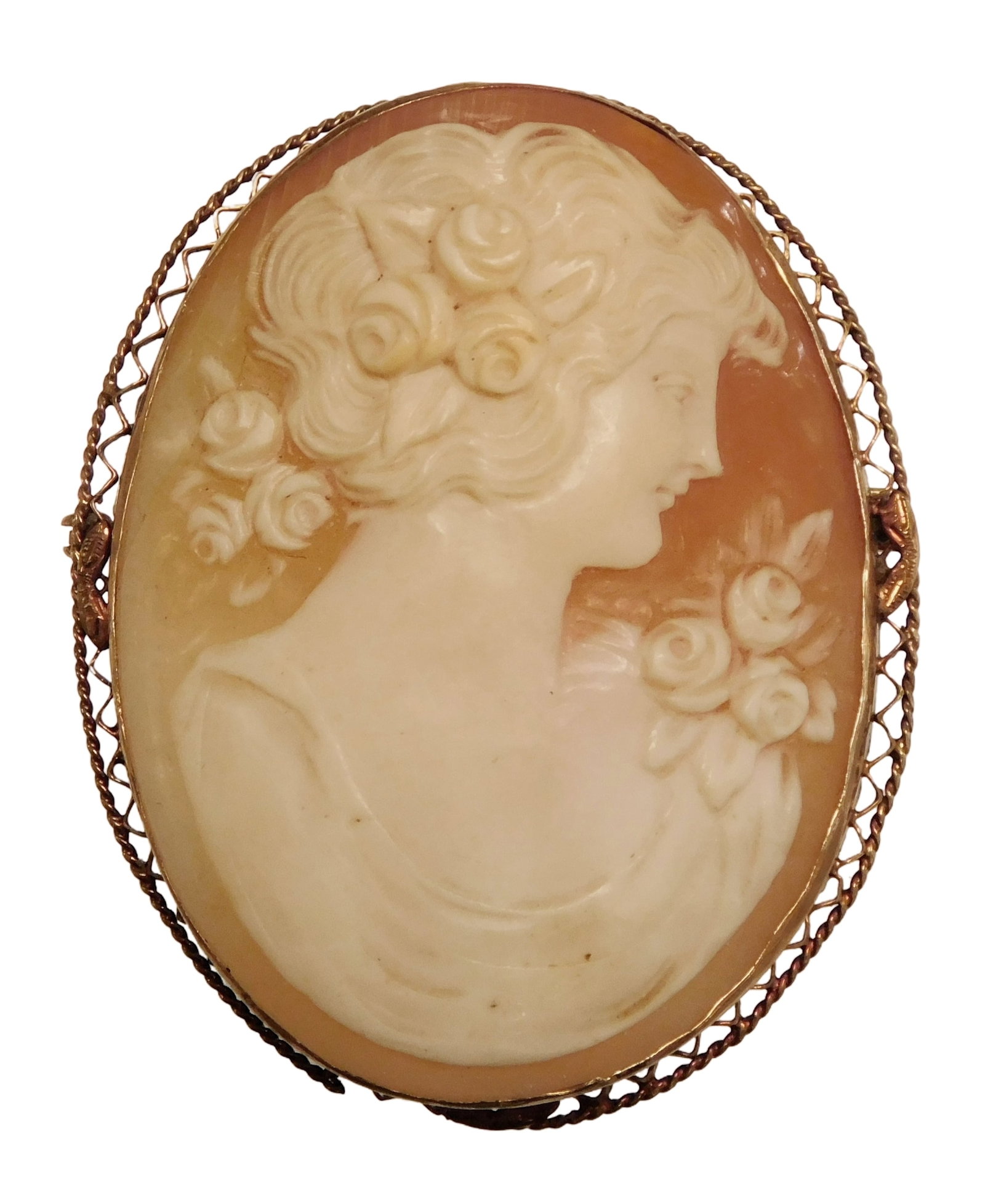 JEWELRY: Large cameo set in stamped 14K yellow gold frame, carved shell portrait of young woman in (1 of 3)