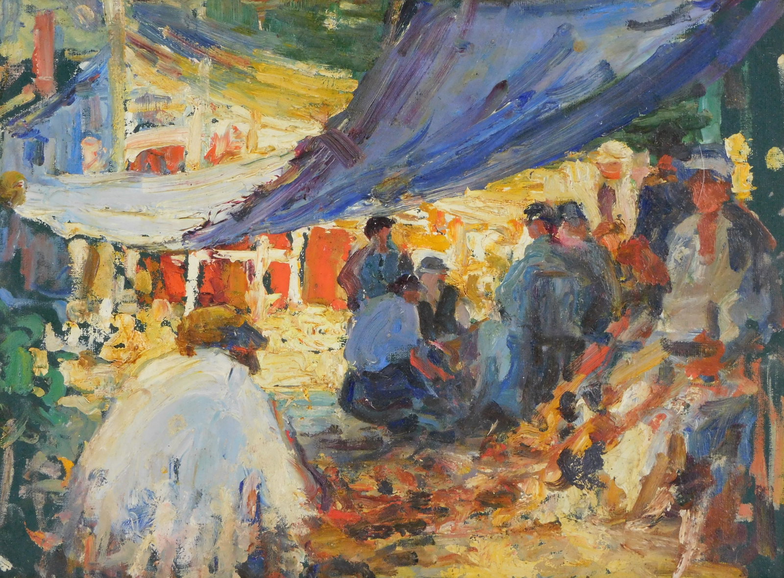 Impressionist work scene, "In the Sail Loft", first half 20th C., oil on canvas, polychrome: Impressionist work scene, "In the Sail Loft", first half 20th C., oil on canvas, polychrome impressionistic depiction of figures working on rigging sails for ships, many bright colors throughout, unsi