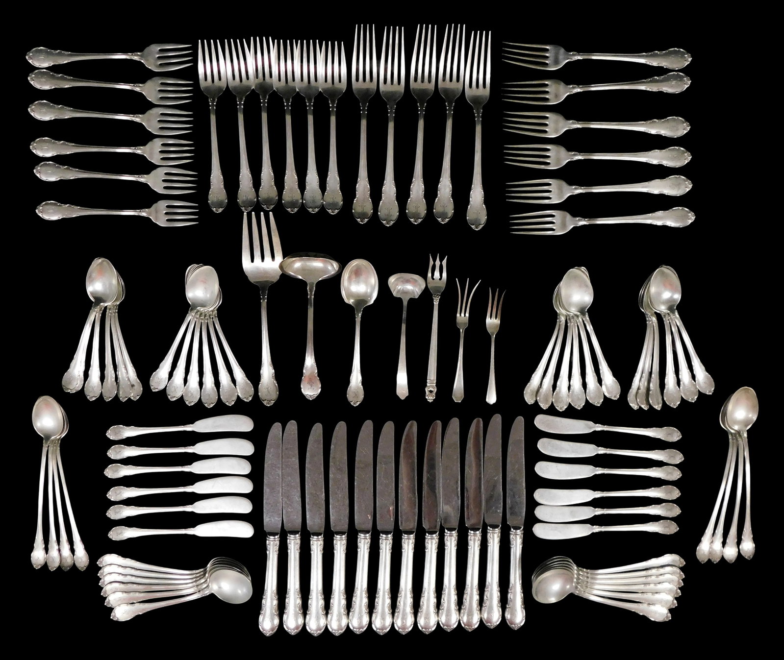 STERLING: Lunt 'Modern Victoria' and others flatware set, ninety-eight pieces, 20th C., all marked (1 of 3)