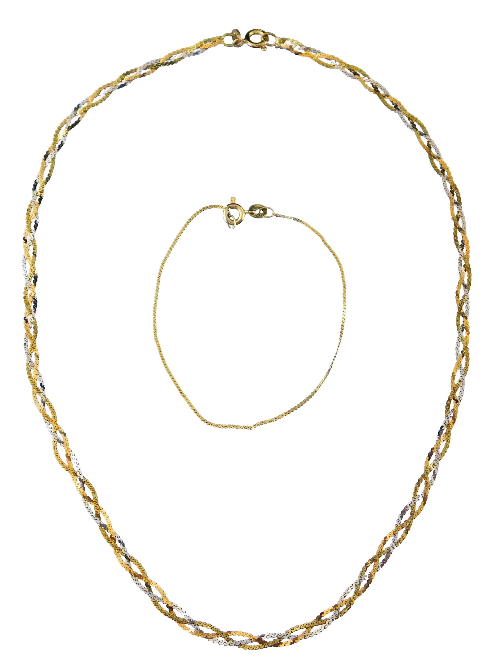 JEWELRY: 14K Necklace and bracelet, both stamped '14K' yellow gold, details include: woven necklace (1 of 4)