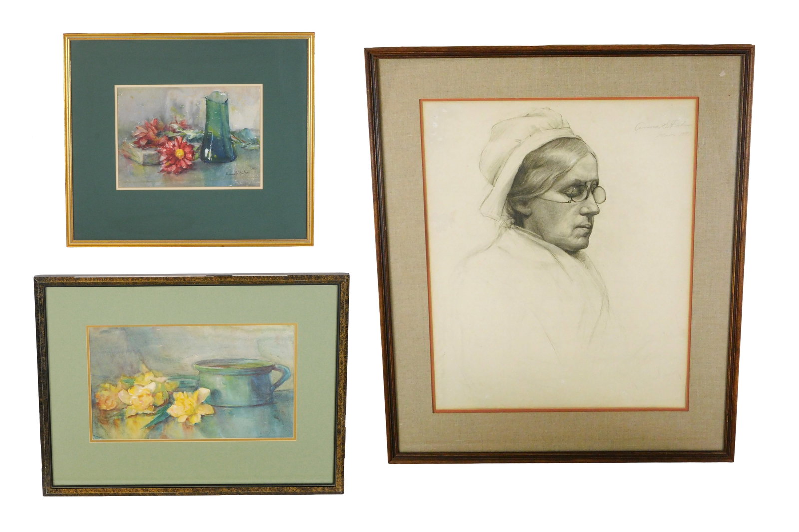 Anna S. Fisher (New York, 1873-1942), three pieces, watercolor still-lifes and graphite portrait,: Anna S. Fisher (New York, 1873-1942), three pieces, watercolor still-lifes and graphite portrait, late 19th-early 20th C., all framed behind glass, all signed, including: two watercolor on paper still