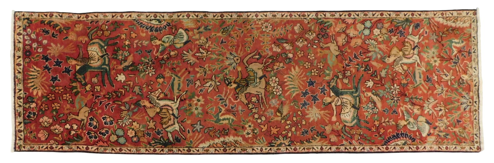 RUG: Tabriz runner, 2' 11" x 9' 7", wool on cotton, red ground, cream border, green and blue (1 of 2)