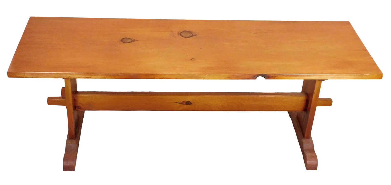 Cathedral pine trestle base table, c. 1990, Connecticut, constructed from wood from trees lost in (1 of 4)