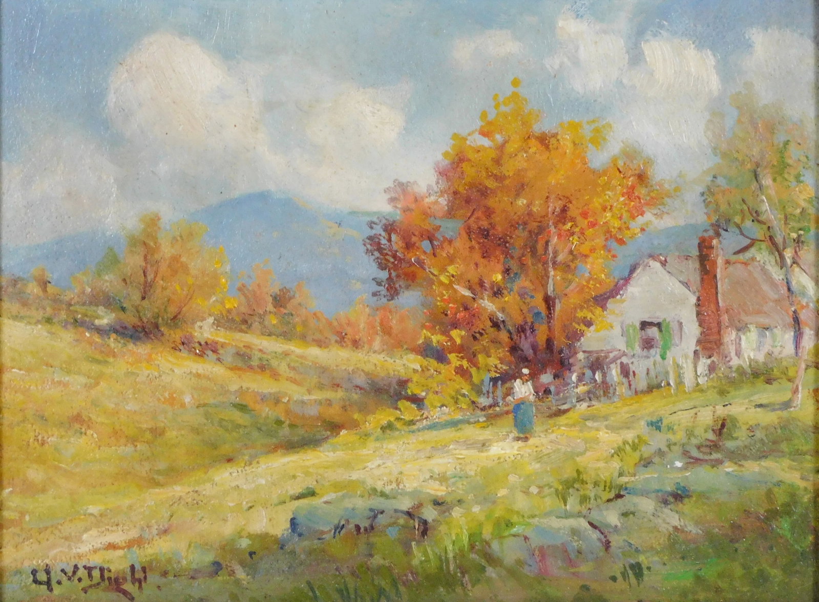 Arthur Vidal Diehl (Massachusetts, 1870-1929), autumn landscape, oil on Masonite, white cottage with (1 of 5)
