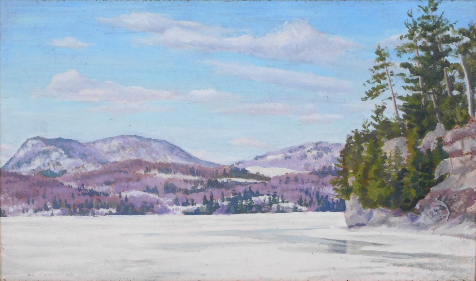 Al Choiniere (Vermont, 1933-2011), "Lake Memphremagog (Winter Lake and Mts)", oil on board, (1 of 6)