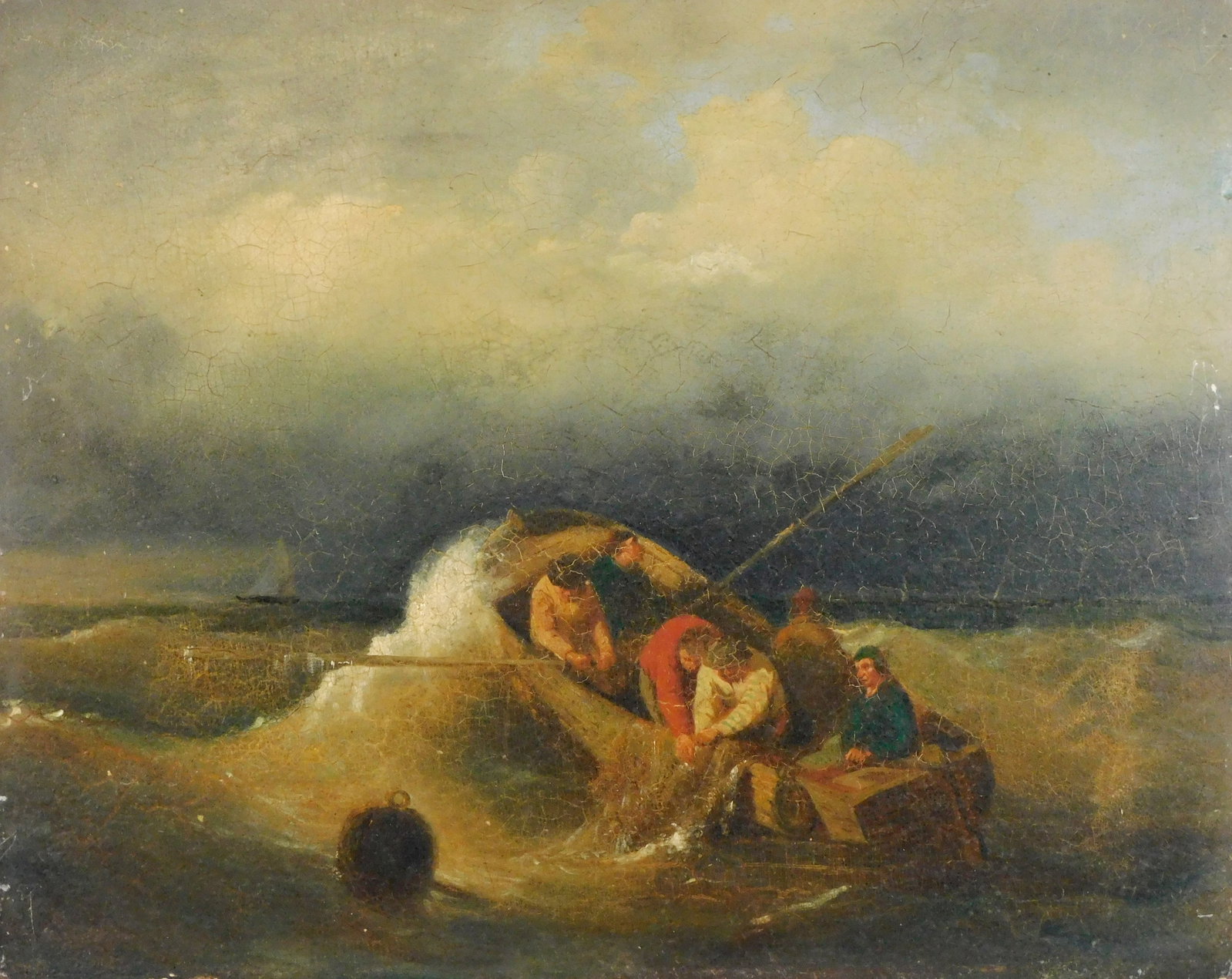19th C. marine scene, oil on paper laid down on wood panel, fishermen in small dingy on choppy seas, (1 of 7)