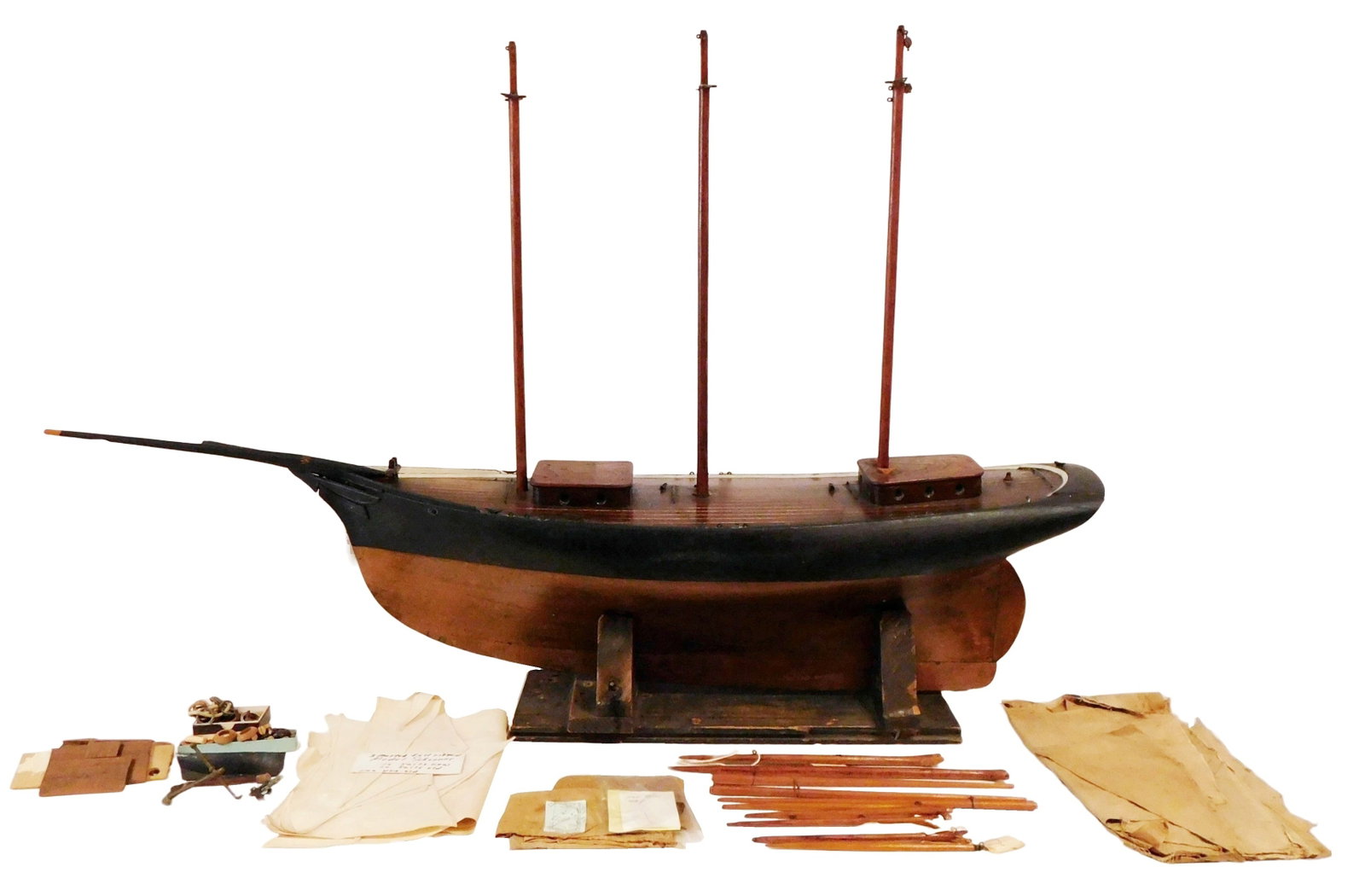 +Wooden three-masted pond boat, c. 1885, handmade by Cunard boat builders, dark brown stained finish (1 of 9)