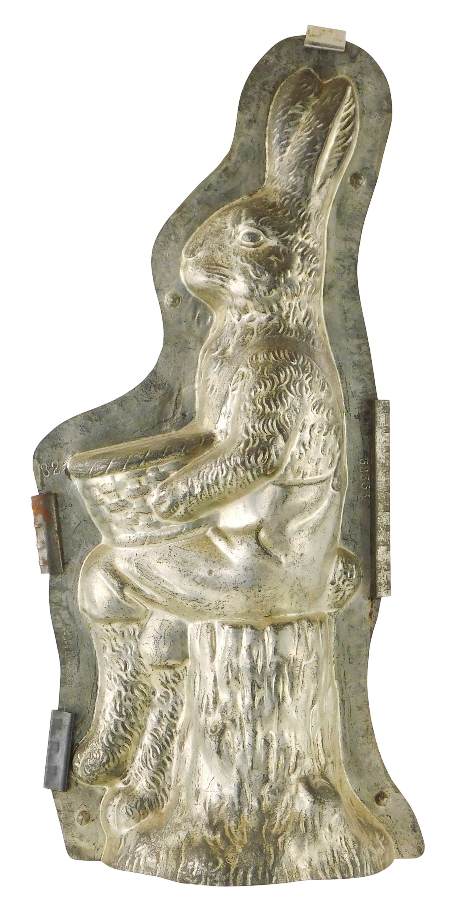 CHOCOLATE MOLD: Large Anton Reiche window display Easter bunny chocolate mold, #32333, late: CHOCOLATE MOLD: Large Anton Reiche window display Easter bunny chocolate mold, #32333, late 19th-early 20th C., Dresden, Germany, tin two-sided mold depicting an Easter bunny seated on a stump, basket