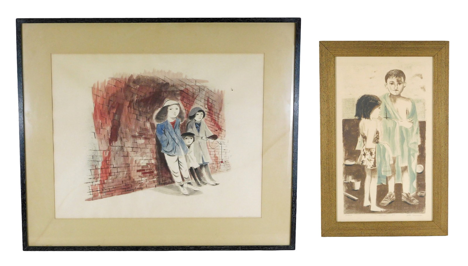 Ghitta Caiserman-Roth (Canadian, 1923 - 2005), two framed works including a watercolor and: Ghitta Caiserman-Roth (Canadian, 1923 - 2005), two framed works including a watercolor and lithograph, both signed in pencil at lower right, details include: watercolor of children leaning against bri