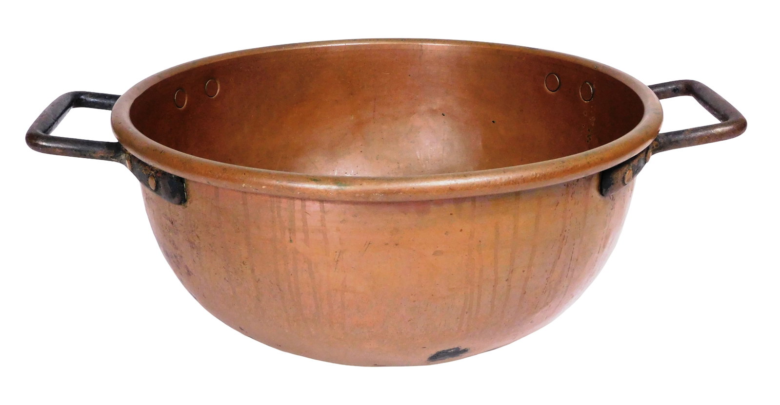 Large copper candy kettle pot, opposing riveted iron handles, made from one piece of copper with (1 of 3)