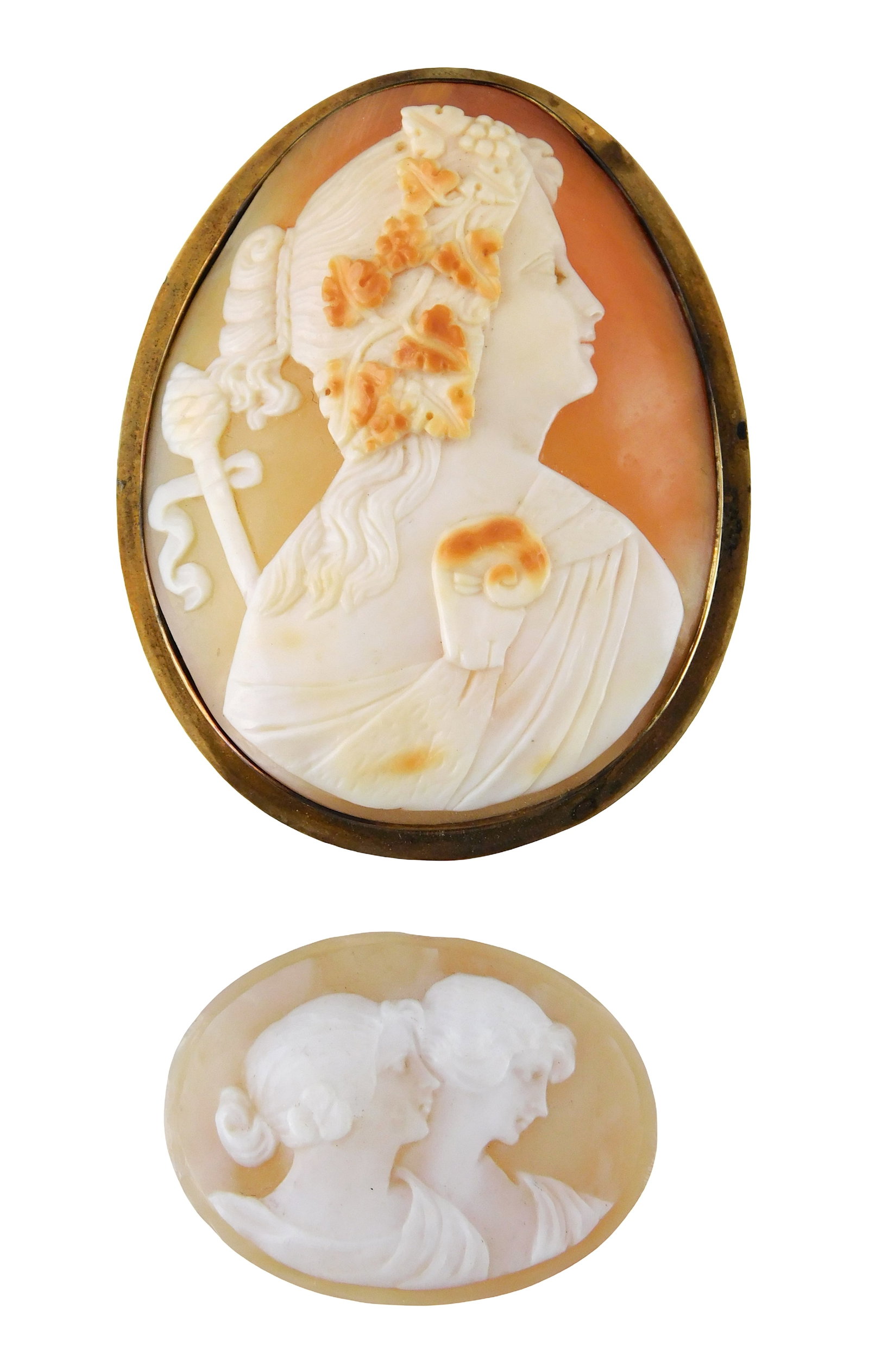 JEWELRY: Large carved cameo of Bacchus in 10K yellow gold frame and smaller loose cameo featuring (1 of 2)