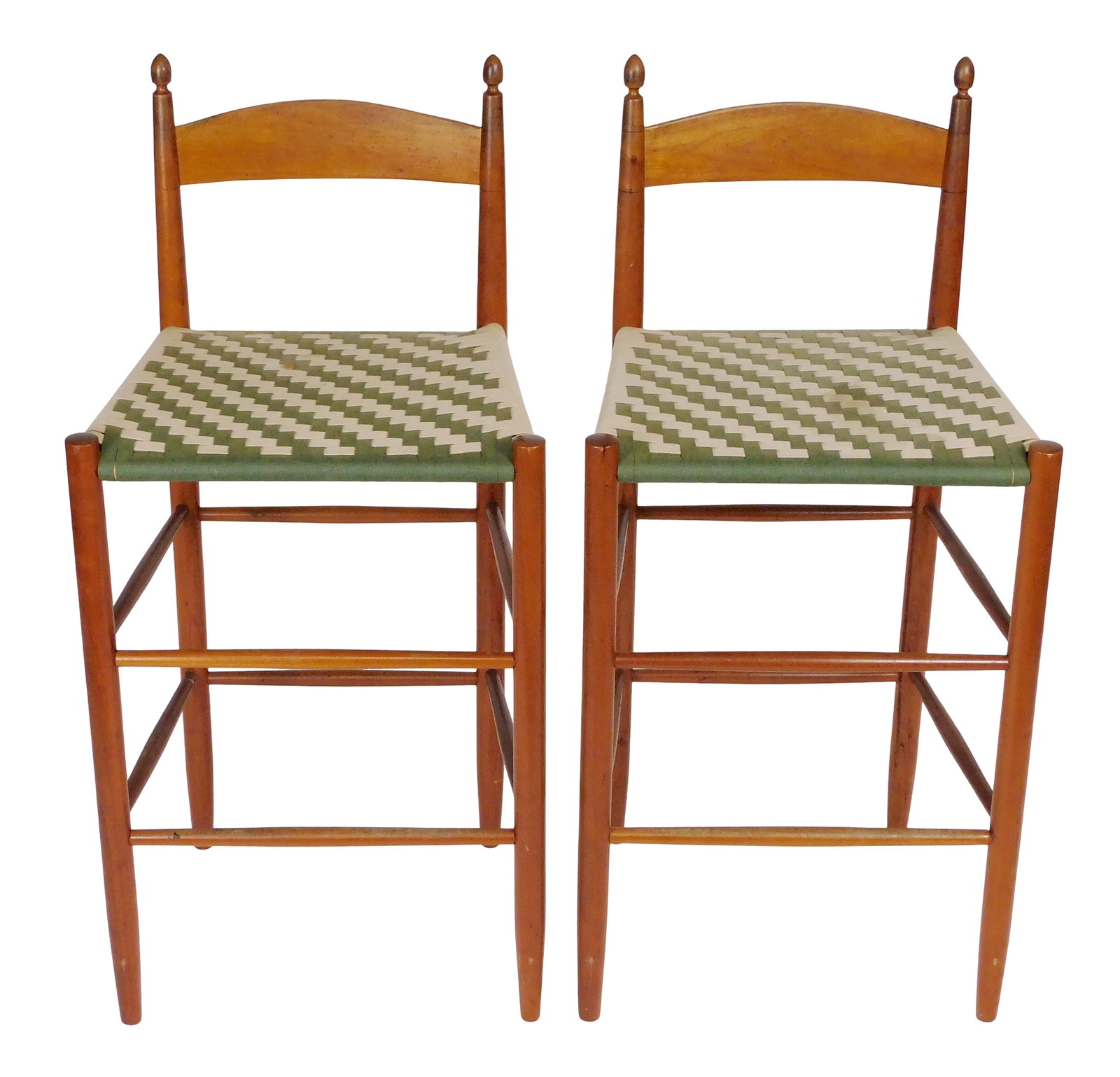 Ian Ingersoll (West Cornwall CT, 20th-21st C.), Shaker style tall stools, c. 1995, back styles with: Ian Ingersoll (West Cornwall CT, 20th-21st C.), Shaker style tall stools, c. 1995, back styles with acorn finials, double-box stretchers, light green tape seats and backs, natural finish, light wear c