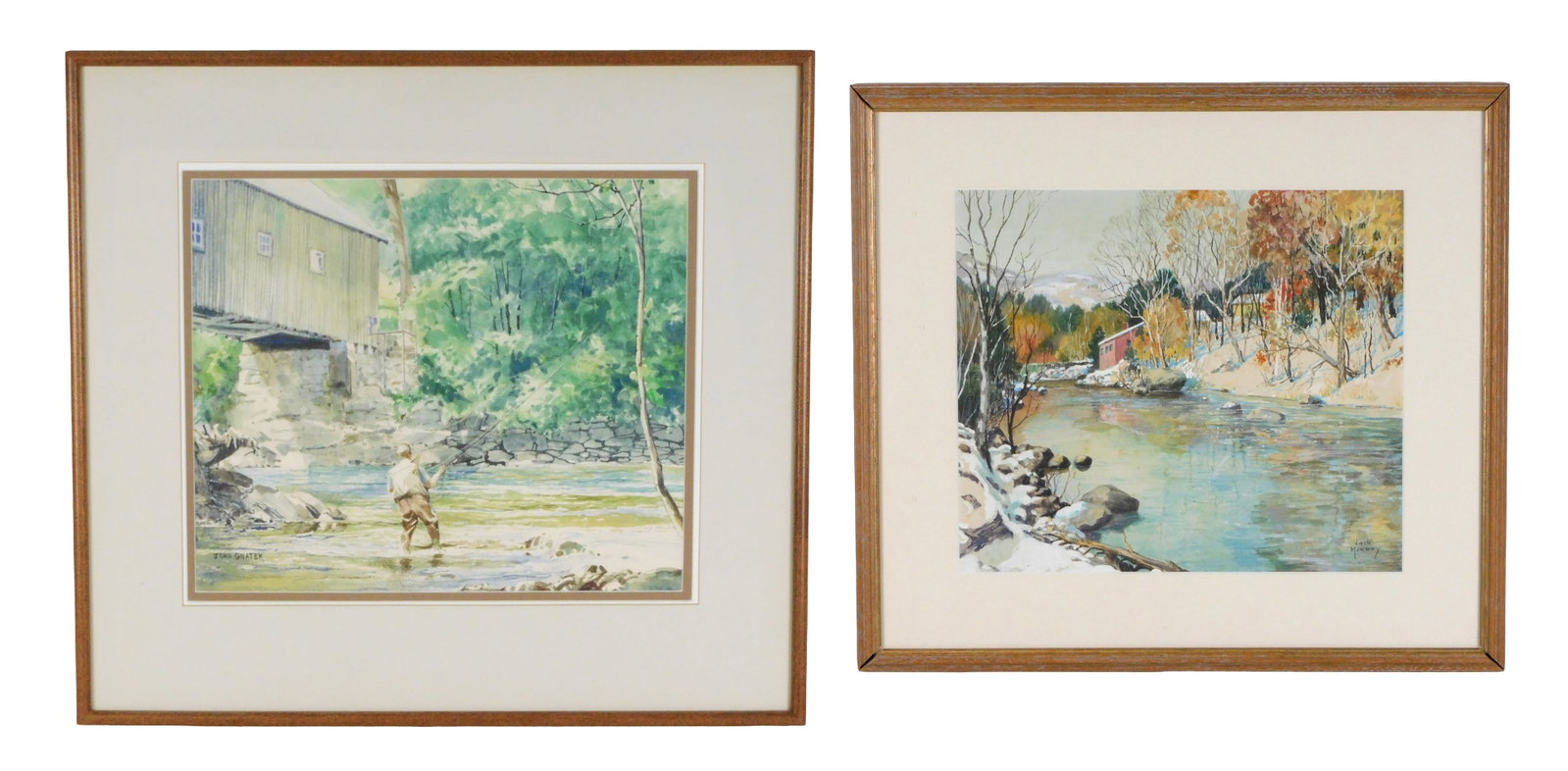 Two 20th C. New England river scenes, both watercolors on paper, both matted and framed behind (1 of 9)