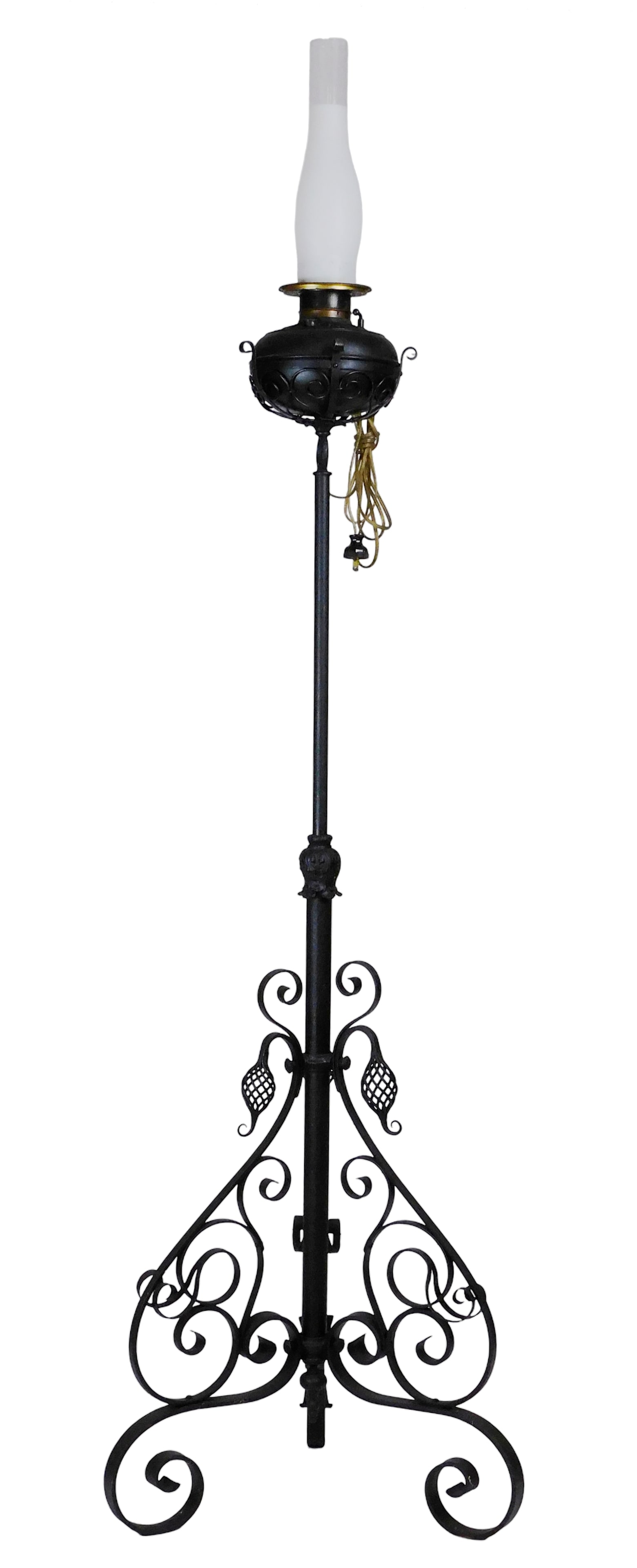 LIGHTING: Electrified floor oil lamp, scrolled tripod legs with twisted basket cage details, painted (1 of 3)